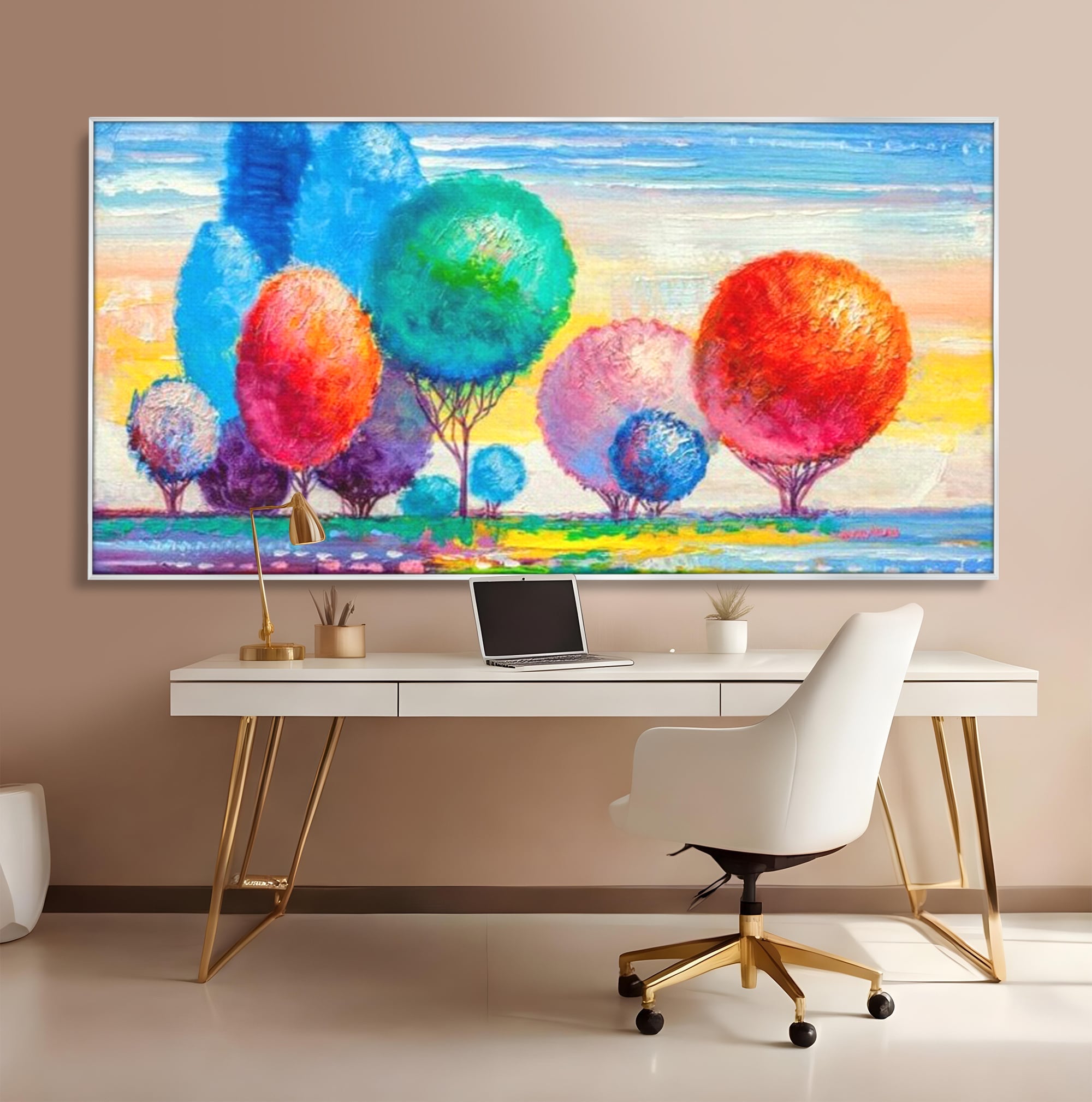 Leinwand Wandkunst Leinwand Premium, LuxCanva® K1018, Märchenhafte Landschaft, Regenbogen, Wald, Bäume, Rund, Ballon, Natur, Explosion, Farbe, Leinwand, Symphonie, Imaginär, Verspielt, Kinderzimmer