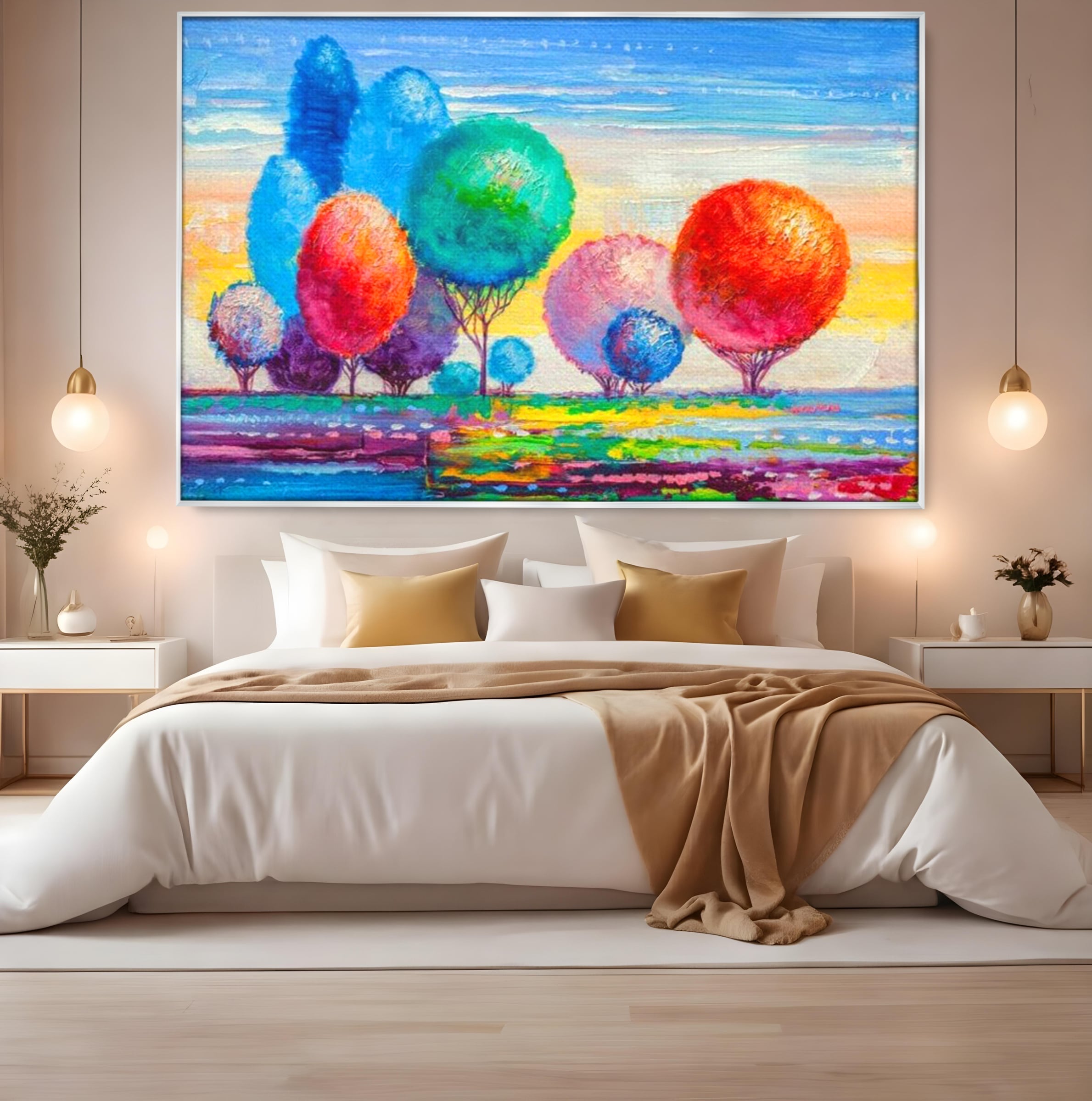 Leinwand Wandkunst Leinwand Premium, LuxCanva® K1018, Märchenhafte Landschaft, Regenbogen, Wald, Bäume, Rund, Ballon, Natur, Explosion, Farbe, Leinwand, Symphonie, Imaginär, Verspielt, Kinderzimmer