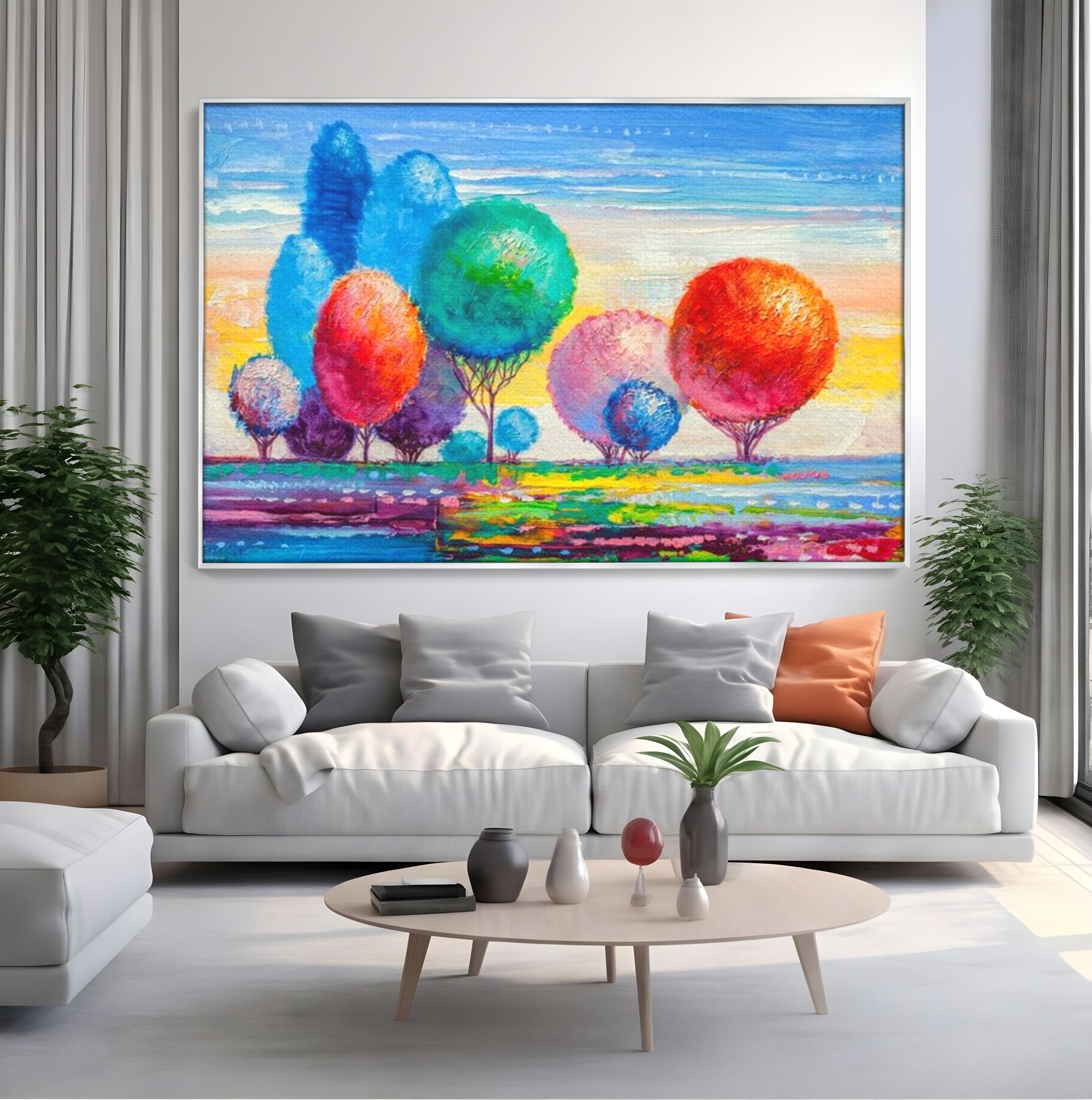 Leinwand Wandkunst Leinwand Premium, LuxCanva® K1018, Märchenhafte Landschaft, Regenbogen, Wald, Bäume, Rund, Ballon, Natur, Explosion, Farbe, Leinwand, Symphonie, Imaginär, Verspielt, Kinderzimmer