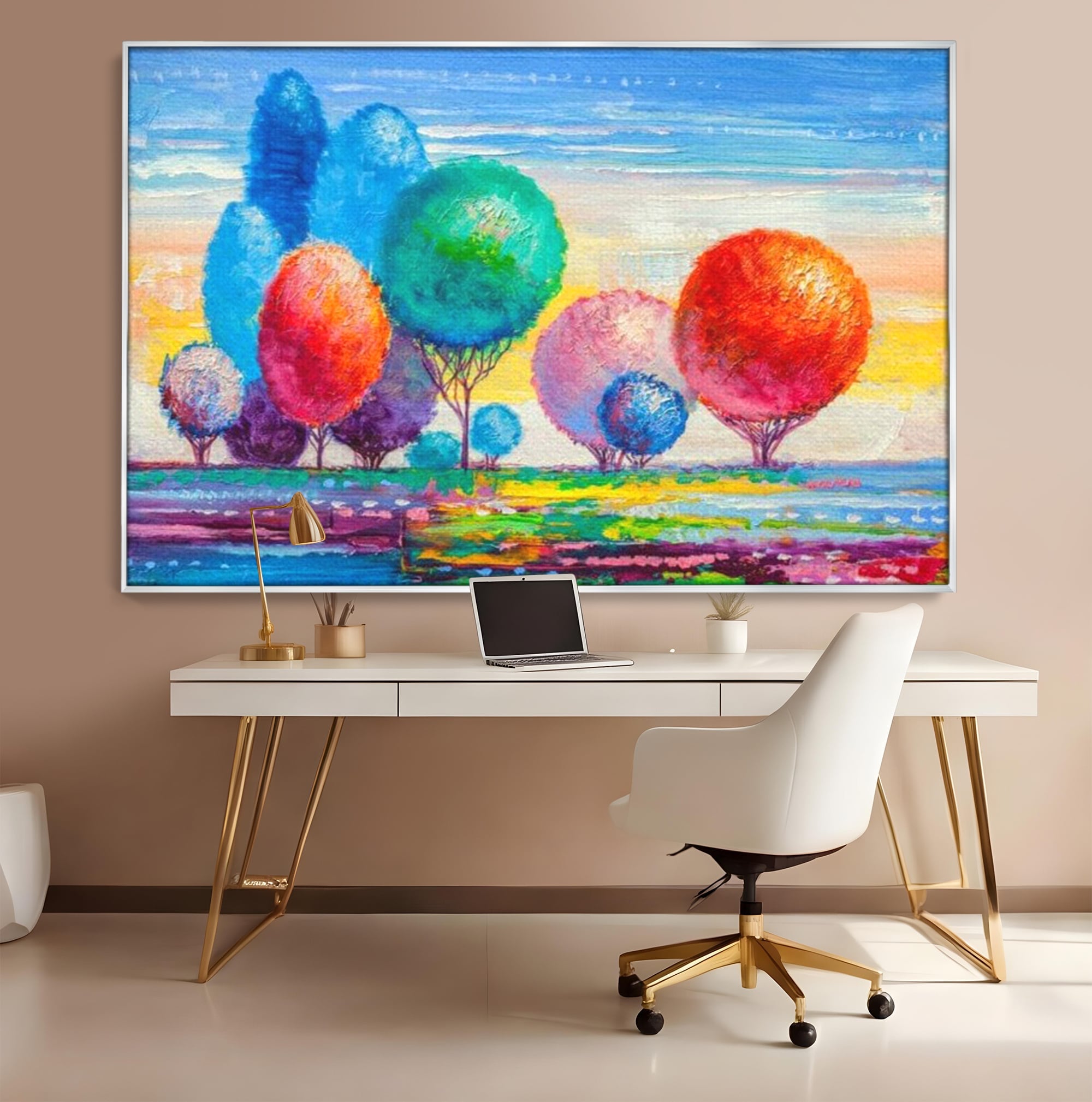 Leinwand Wandkunst Leinwand Premium, LuxCanva® K1018, Märchenhafte Landschaft, Regenbogen, Wald, Bäume, Rund, Ballon, Natur, Explosion, Farbe, Leinwand, Symphonie, Imaginär, Verspielt, Kinderzimmer