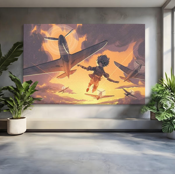 Tablou Canvas Premium, LuxCanva® K1019, Micul Aviator, Zbor, Vise, Nori, Cer, Copil, Escadrila, Soare, Stele, Avioane, Aventura, Curaj, Erou, Aerian, Cinematic, Aviatie, Camera Copii