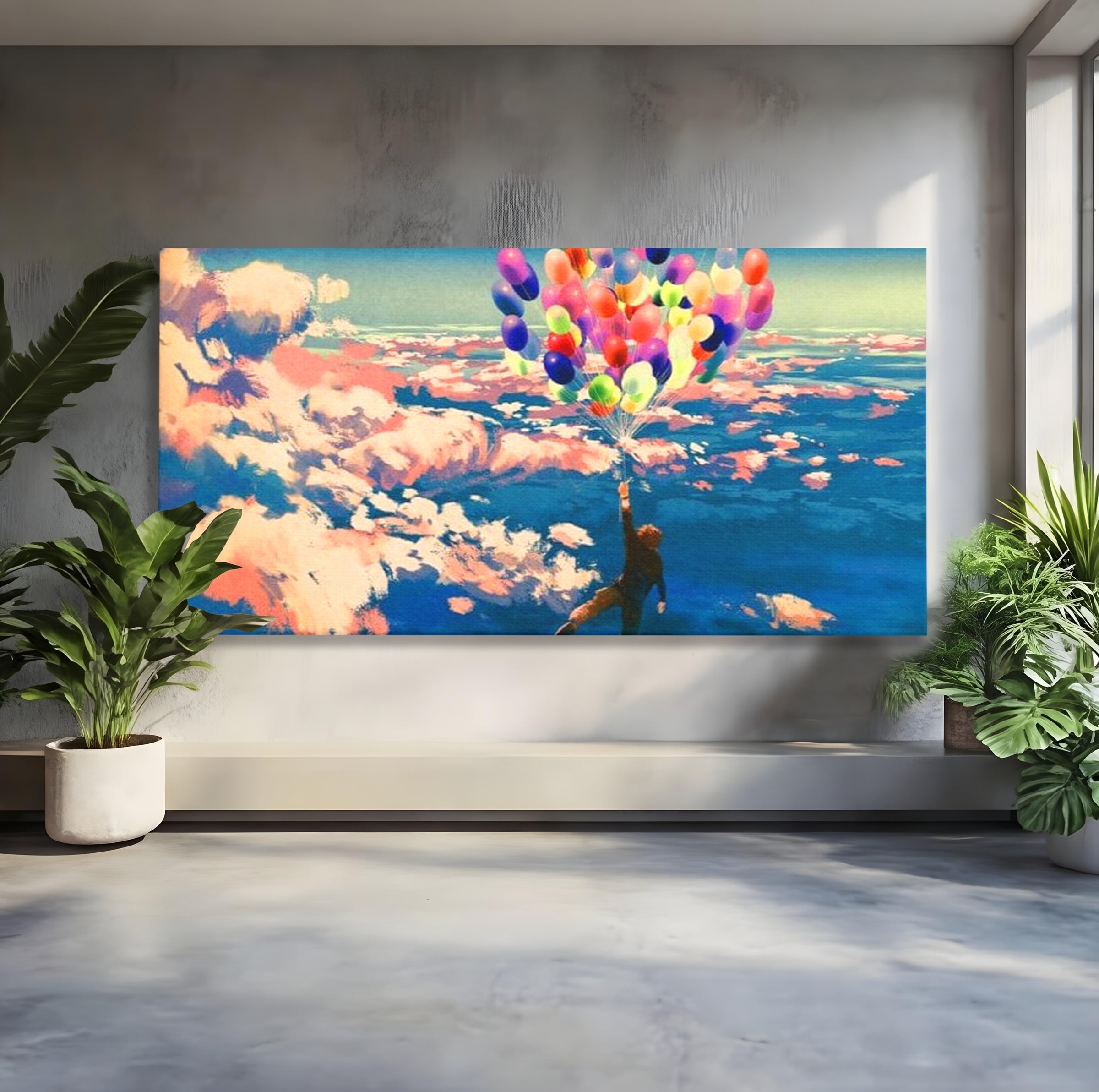 Tablou Canvas Premium, LuxCanva® K1021, Purtat de Curcubeu, Zbor, Nori, Inaltare, Culori, Baloane, Zburatoare, Magic, Fericire, Curaj, Aventura, Dorinte, Armonie, Fericire, Camera Copii
