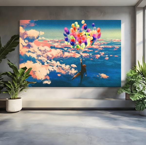Tablou Canvas Premium, LuxCanva® K1021, Purtat de Curcubeu, Zbor, Nori, Inaltare, Culori, Baloane, Zburatoare, Magic, Fericire, Curaj, Aventura, Dorinte, Armonie, Fericire, Camera Copii