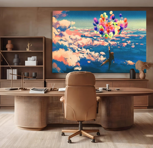 Tablou Canvas Premium, LuxCanva® K1021, Purtat de Curcubeu, Zbor, Nori, Inaltare, Culori, Baloane, Zburatoare, Magic, Fericire, Curaj, Aventura, Dorinte, Armonie, Fericire, Camera Copii