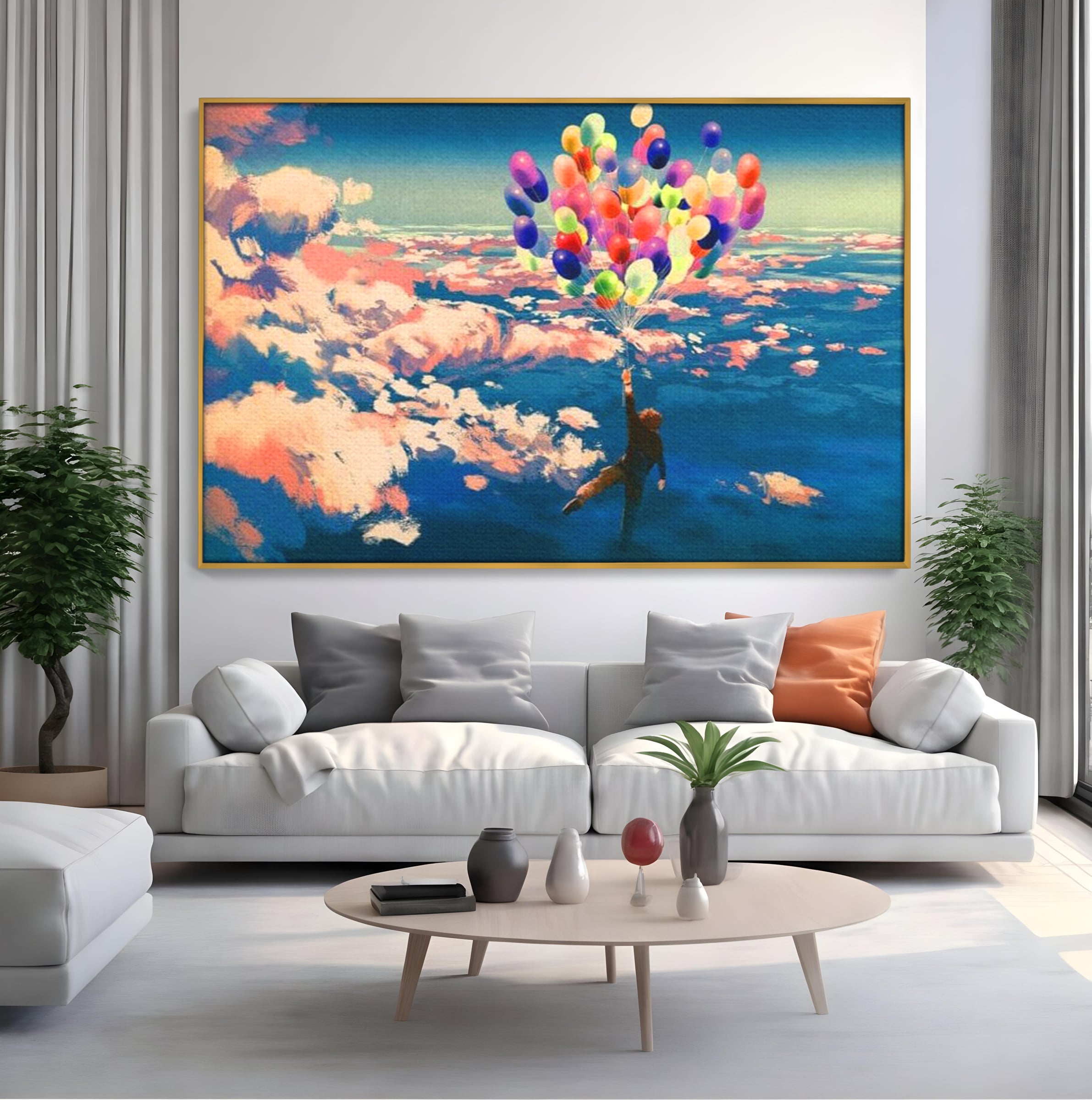 Tablou Canvas Premium, LuxCanva® K1021, Purtat de Curcubeu, Zbor, Nori, Inaltare, Culori, Baloane, Zburatoare, Magic, Fericire, Curaj, Aventura, Dorinte, Armonie, Fericire, Camera Copii