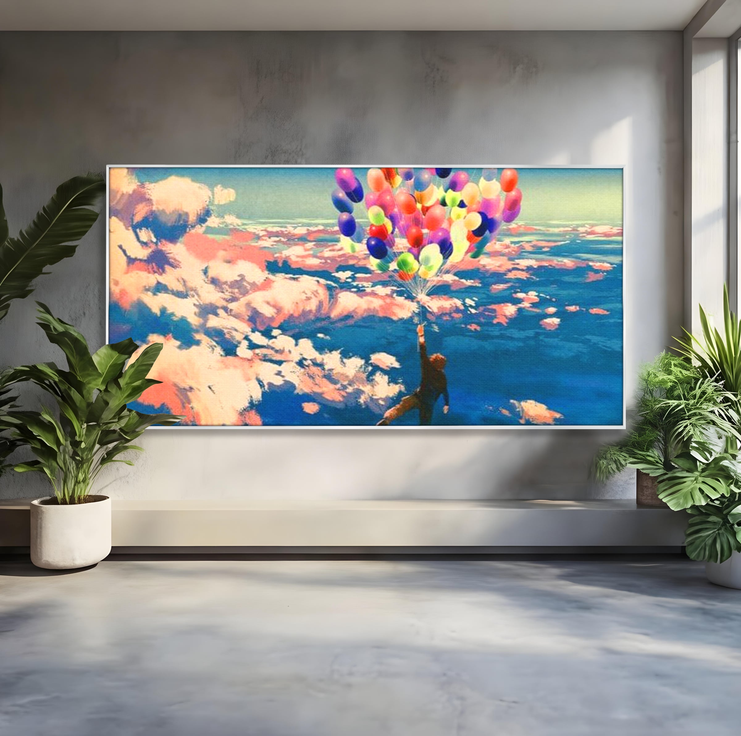 Tablou Canvas Premium, LuxCanva® K1021, Purtat de Curcubeu, Zbor, Nori, Inaltare, Culori, Baloane, Zburatoare, Magic, Fericire, Curaj, Aventura, Dorinte, Armonie, Fericire, Camera Copii