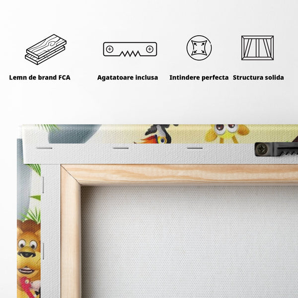 Leinwandbilder Premium, LuxCanva® K1022, Fröhliche Dschungelfreunde, Tiere, Cartoons, Dschungel, Dschungel, Ausmalen, Bunt, Fröhlich, Kindergarten, Bildung, Natur, Cresa, Giraffe, Löwe, Kinderzimmer