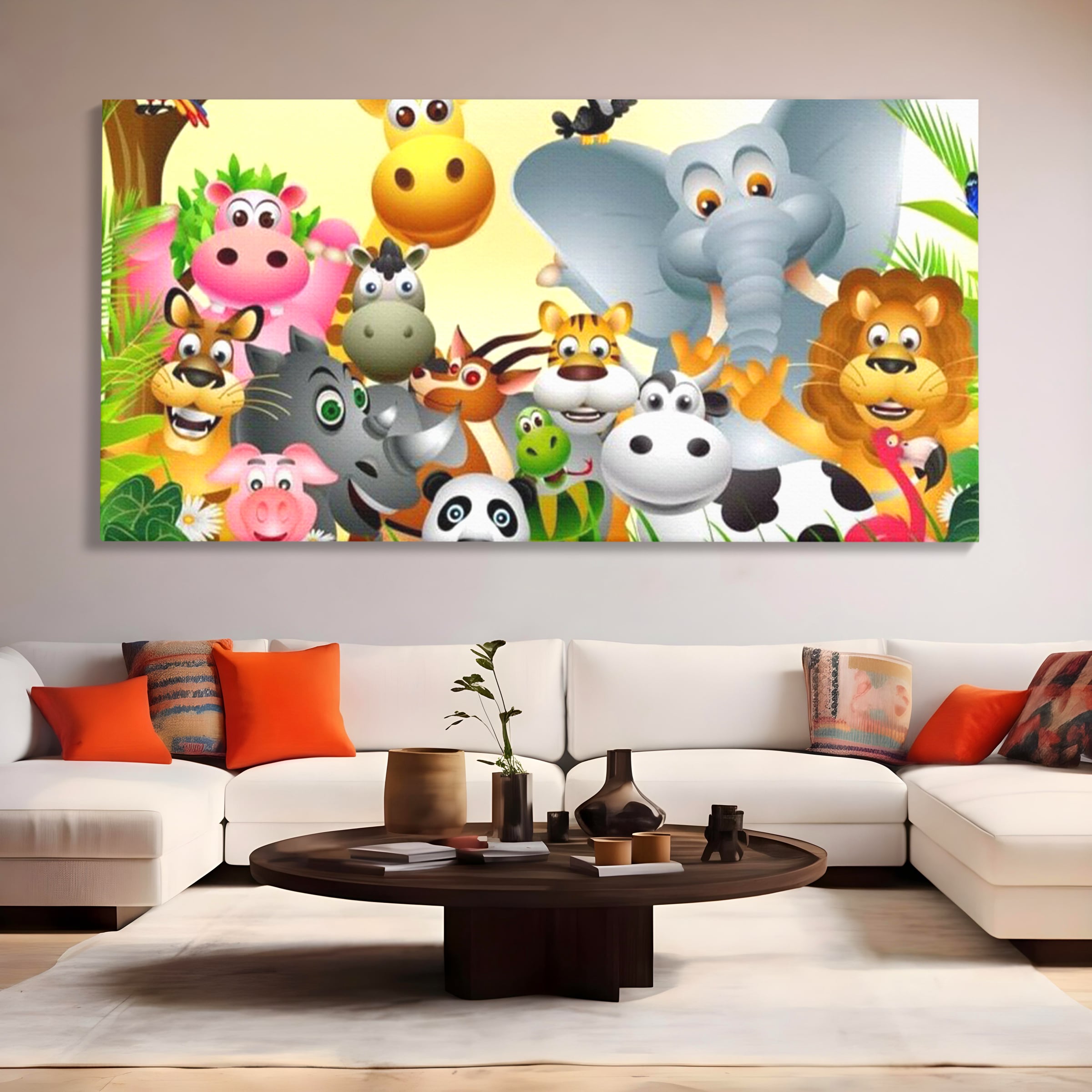 Leinwandbilder Premium, LuxCanva® K1022, Fröhliche Dschungelfreunde, Tiere, Cartoons, Dschungel, Dschungel, Ausmalen, Bunt, Fröhlich, Kindergarten, Bildung, Natur, Cresa, Giraffe, Löwe, Kinderzimmer