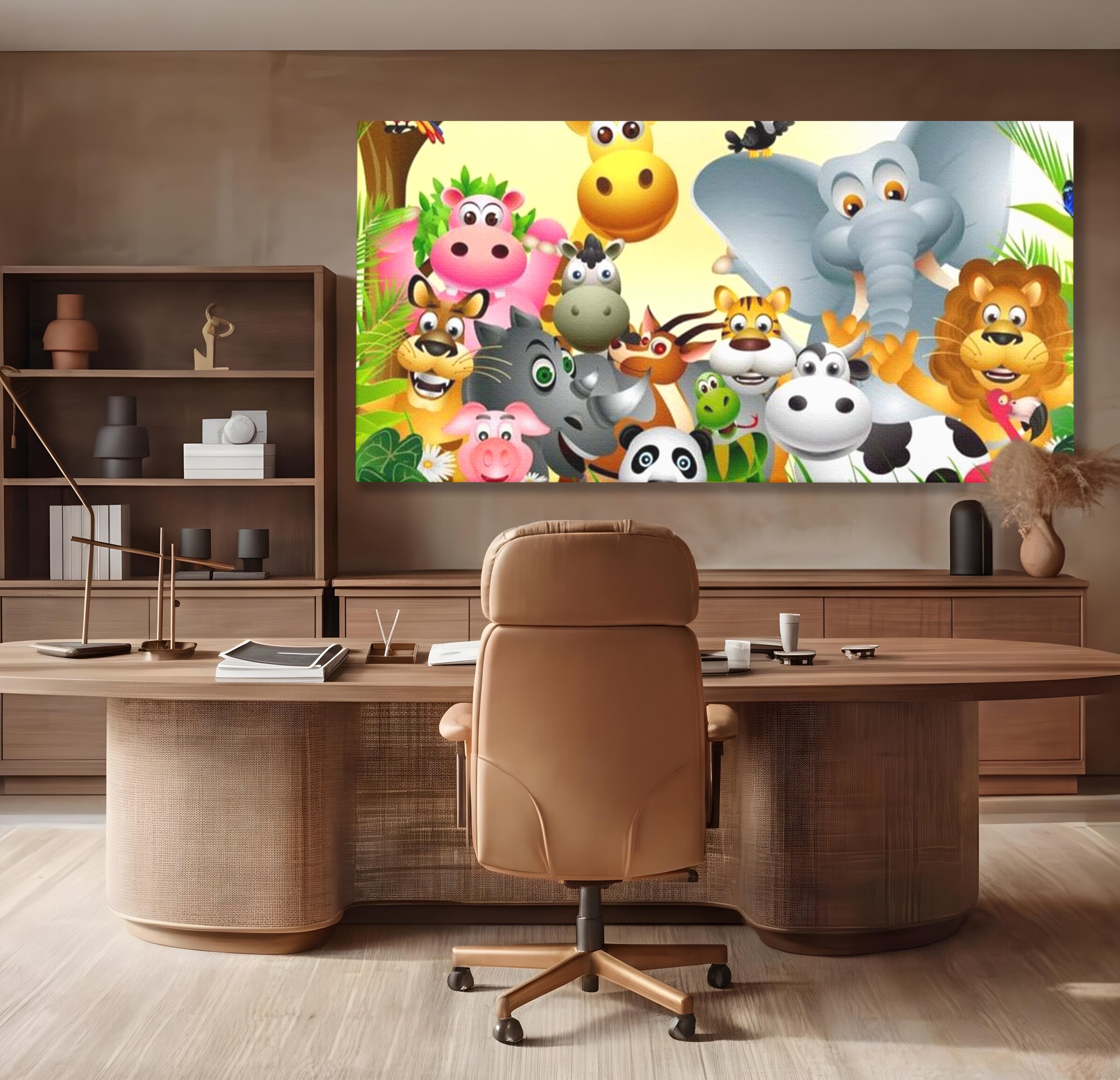 Leinwandbilder Premium, LuxCanva® K1022, Fröhliche Dschungelfreunde, Tiere, Cartoons, Dschungel, Dschungel, Ausmalen, Bunt, Fröhlich, Kindergarten, Bildung, Natur, Cresa, Giraffe, Löwe, Kinderzimmer