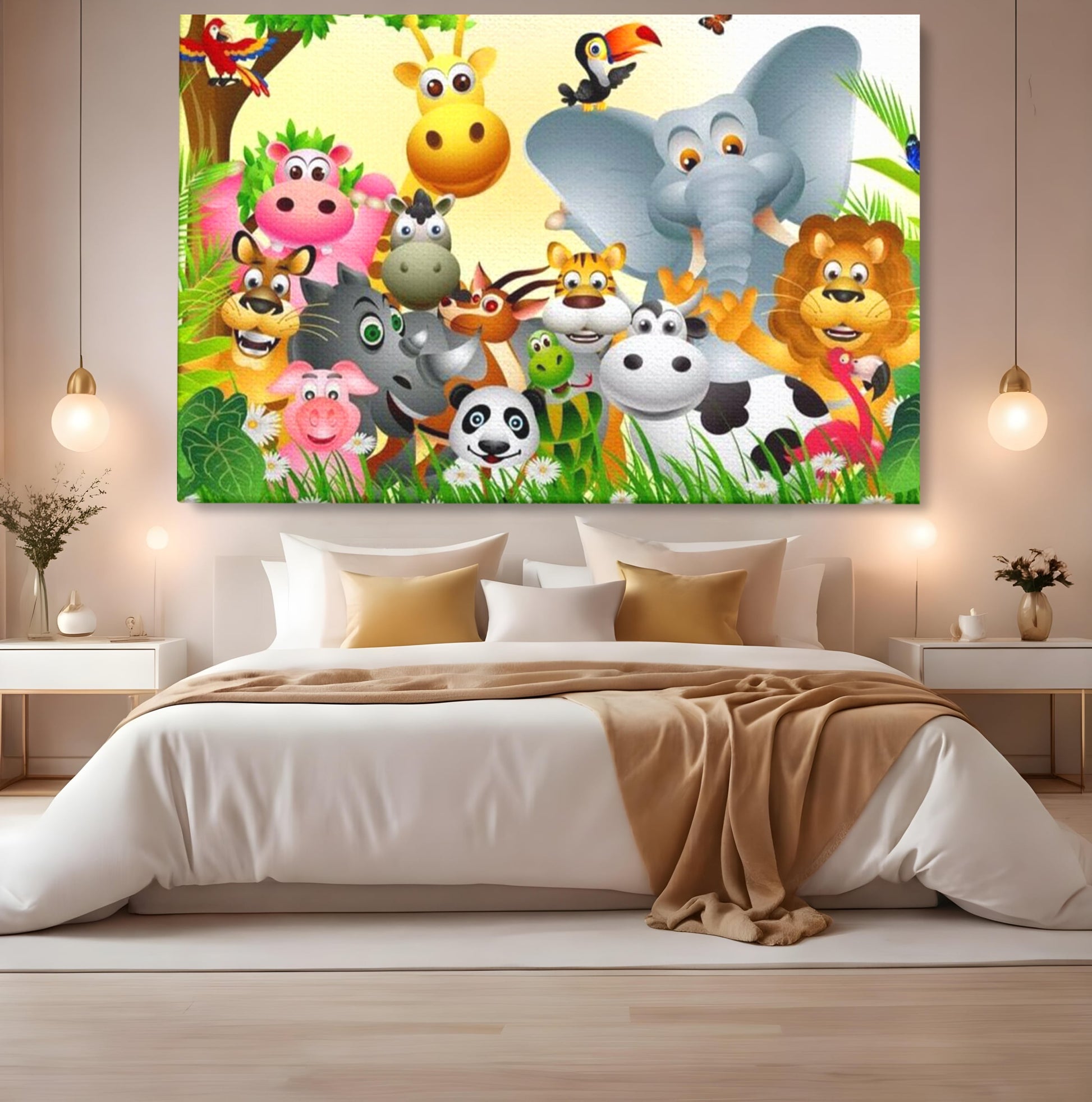 Leinwandbilder Premium, LuxCanva® K1022, Fröhliche Dschungelfreunde, Tiere, Cartoons, Dschungel, Dschungel, Ausmalen, Bunt, Fröhlich, Kindergarten, Bildung, Natur, Cresa, Giraffe, Löwe, Kinderzimmer
