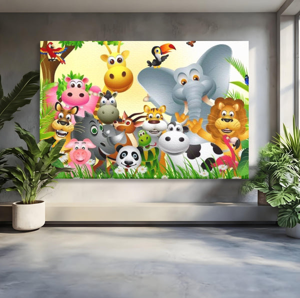 Leinwandbilder Premium, LuxCanva® K1022, Fröhliche Dschungelfreunde, Tiere, Cartoons, Dschungel, Dschungel, Ausmalen, Bunt, Fröhlich, Kindergarten, Bildung, Natur, Cresa, Giraffe, Löwe, Kinderzimmer