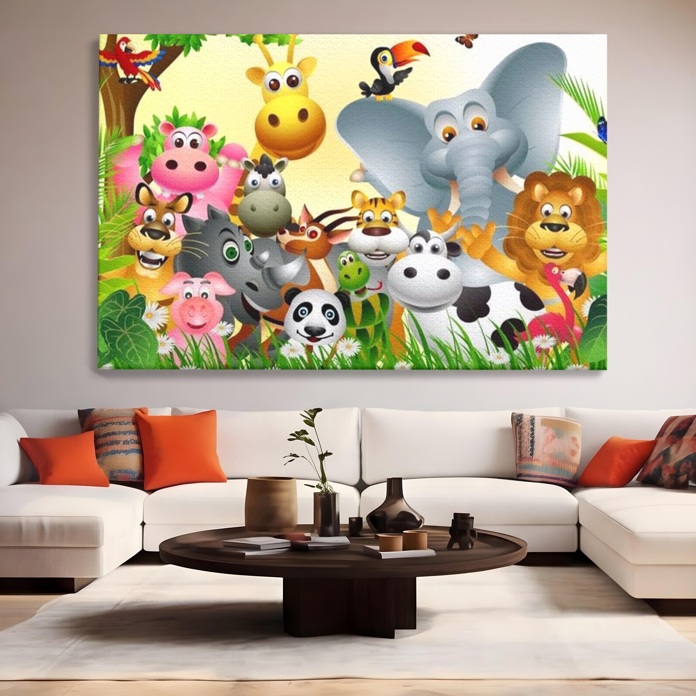 Leinwandbilder Premium, LuxCanva® K1022, Fröhliche Dschungelfreunde, Tiere, Cartoons, Dschungel, Dschungel, Ausmalen, Bunt, Fröhlich, Kindergarten, Bildung, Natur, Cresa, Giraffe, Löwe, Kinderzimmer