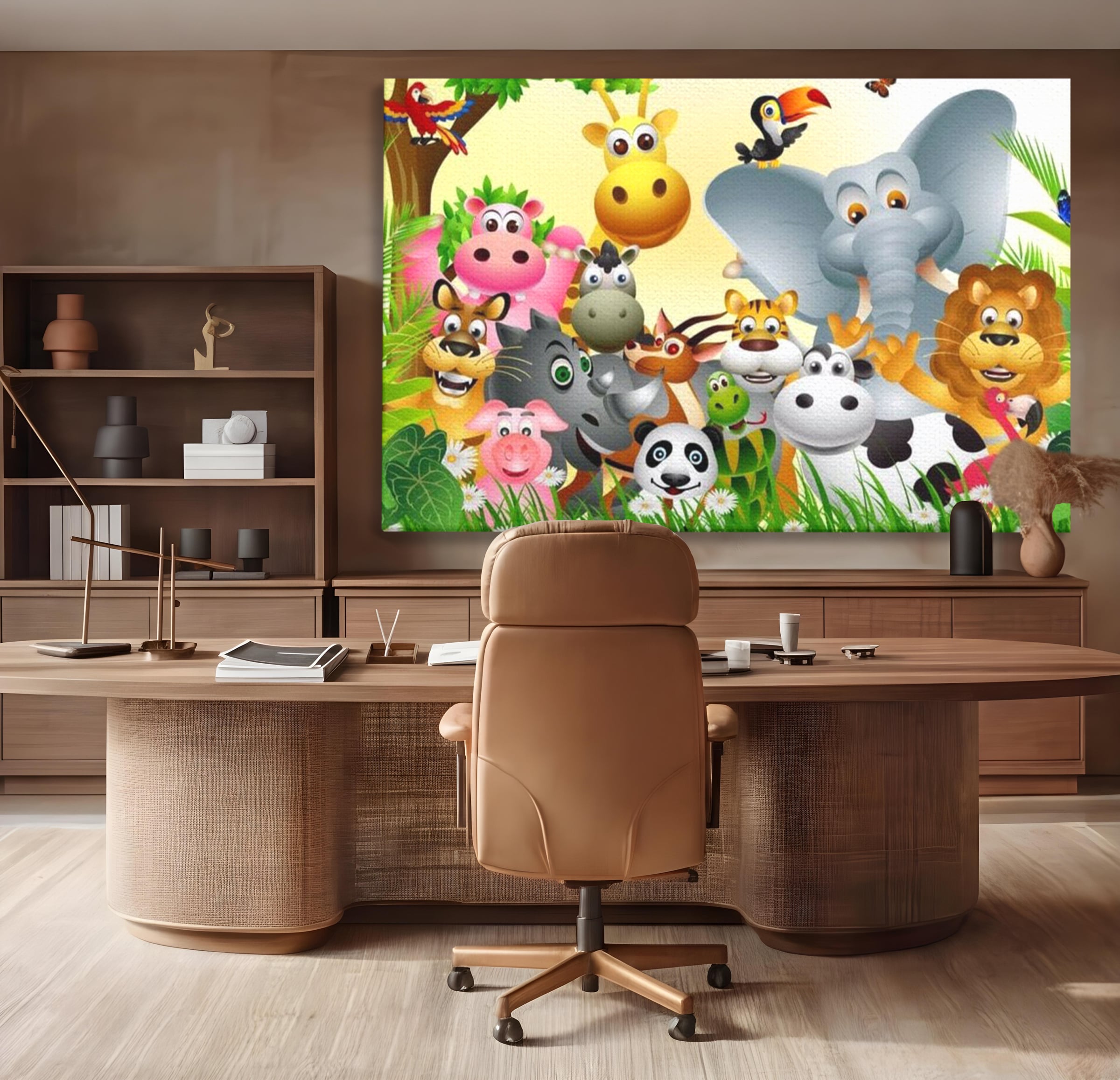 Leinwandbilder Premium, LuxCanva® K1022, Fröhliche Dschungelfreunde, Tiere, Cartoons, Dschungel, Dschungel, Ausmalen, Bunt, Fröhlich, Kindergarten, Bildung, Natur, Cresa, Giraffe, Löwe, Kinderzimmer