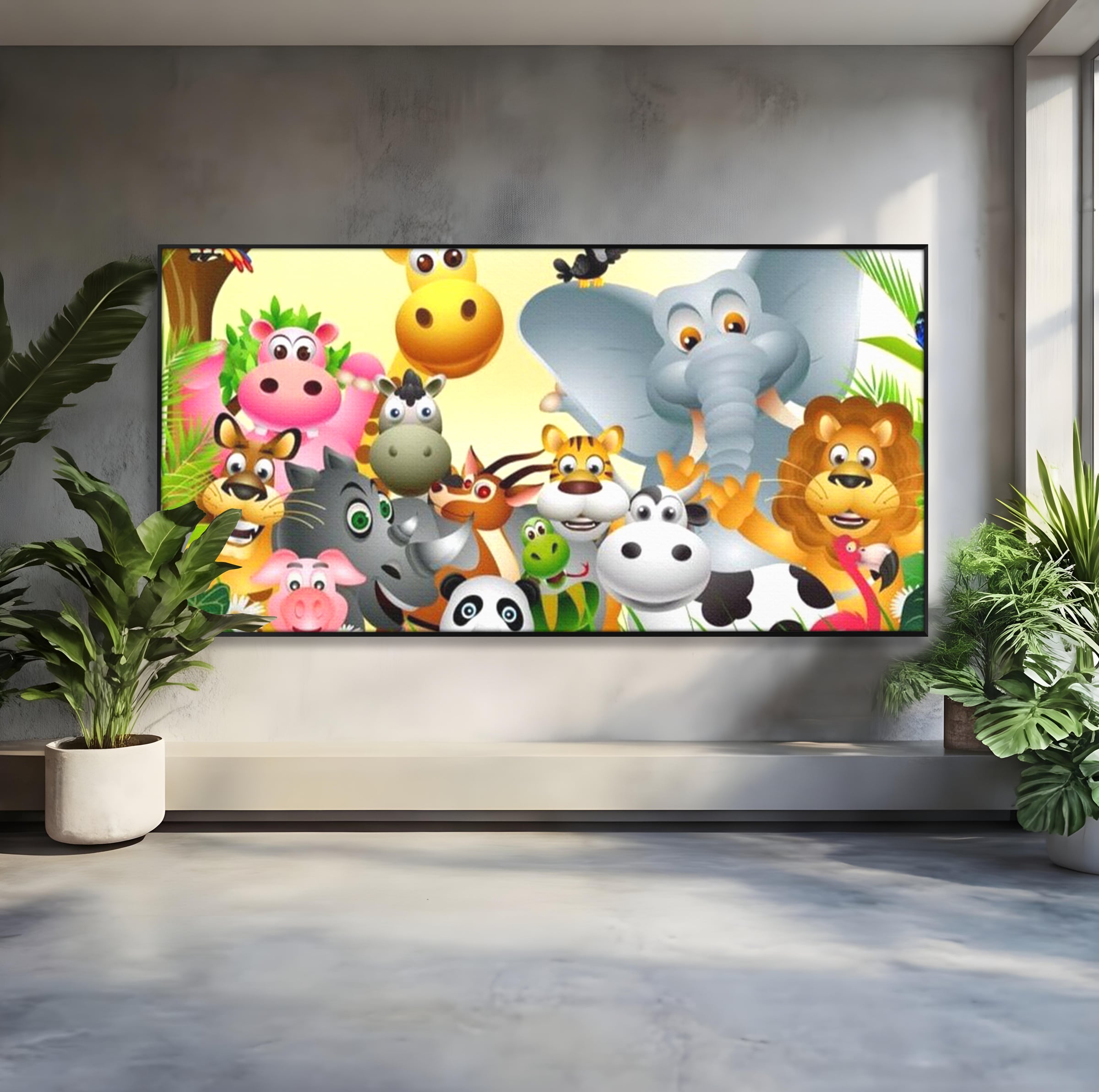 Leinwandbilder Premium, LuxCanva® K1022, Fröhliche Dschungelfreunde, Tiere, Cartoons, Dschungel, Dschungel, Ausmalen, Bunt, Fröhlich, Kindergarten, Bildung, Natur, Cresa, Giraffe, Löwe, Kinderzimmer