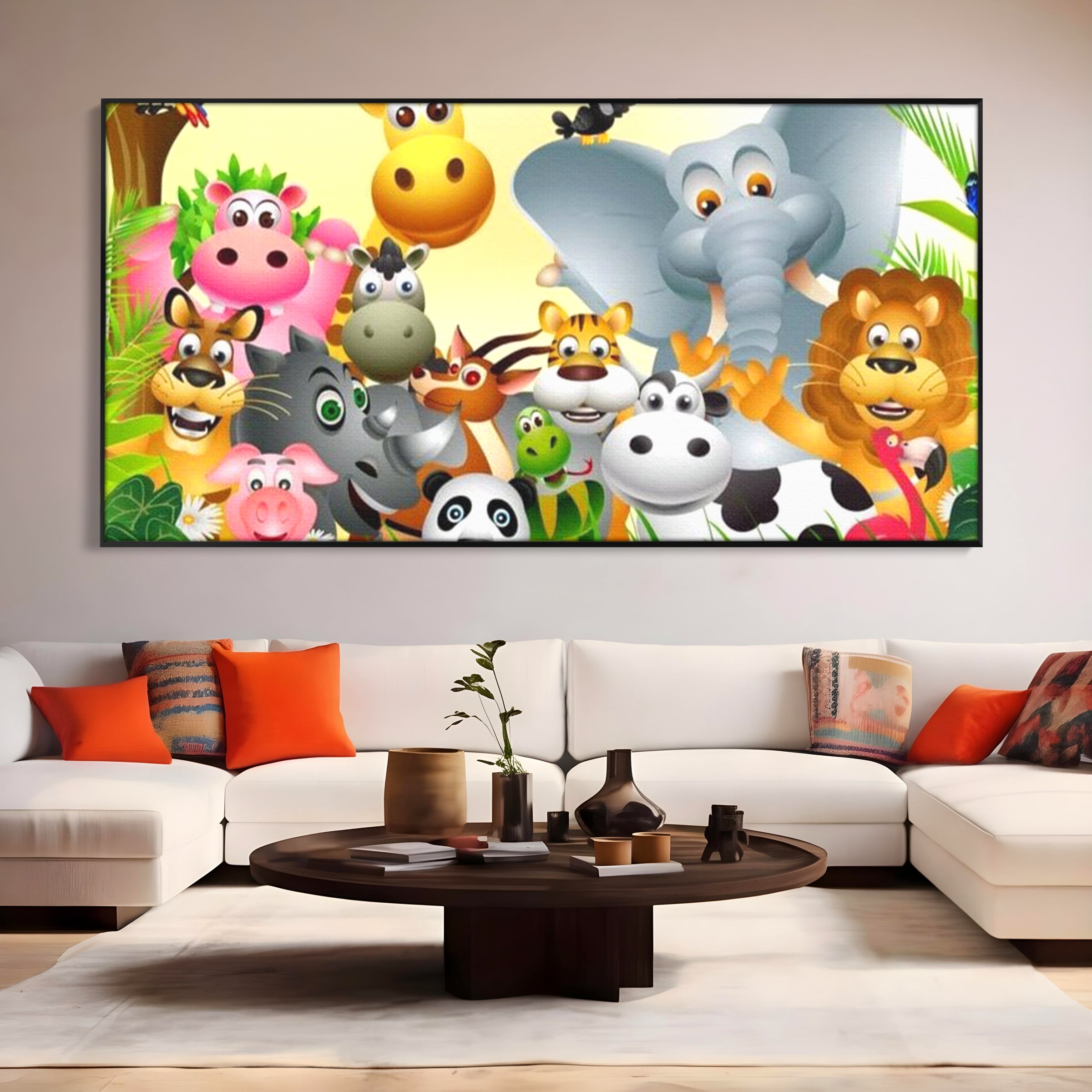 Leinwandbilder Premium, LuxCanva® K1022, Fröhliche Dschungelfreunde, Tiere, Cartoons, Dschungel, Dschungel, Ausmalen, Bunt, Fröhlich, Kindergarten, Bildung, Natur, Cresa, Giraffe, Löwe, Kinderzimmer