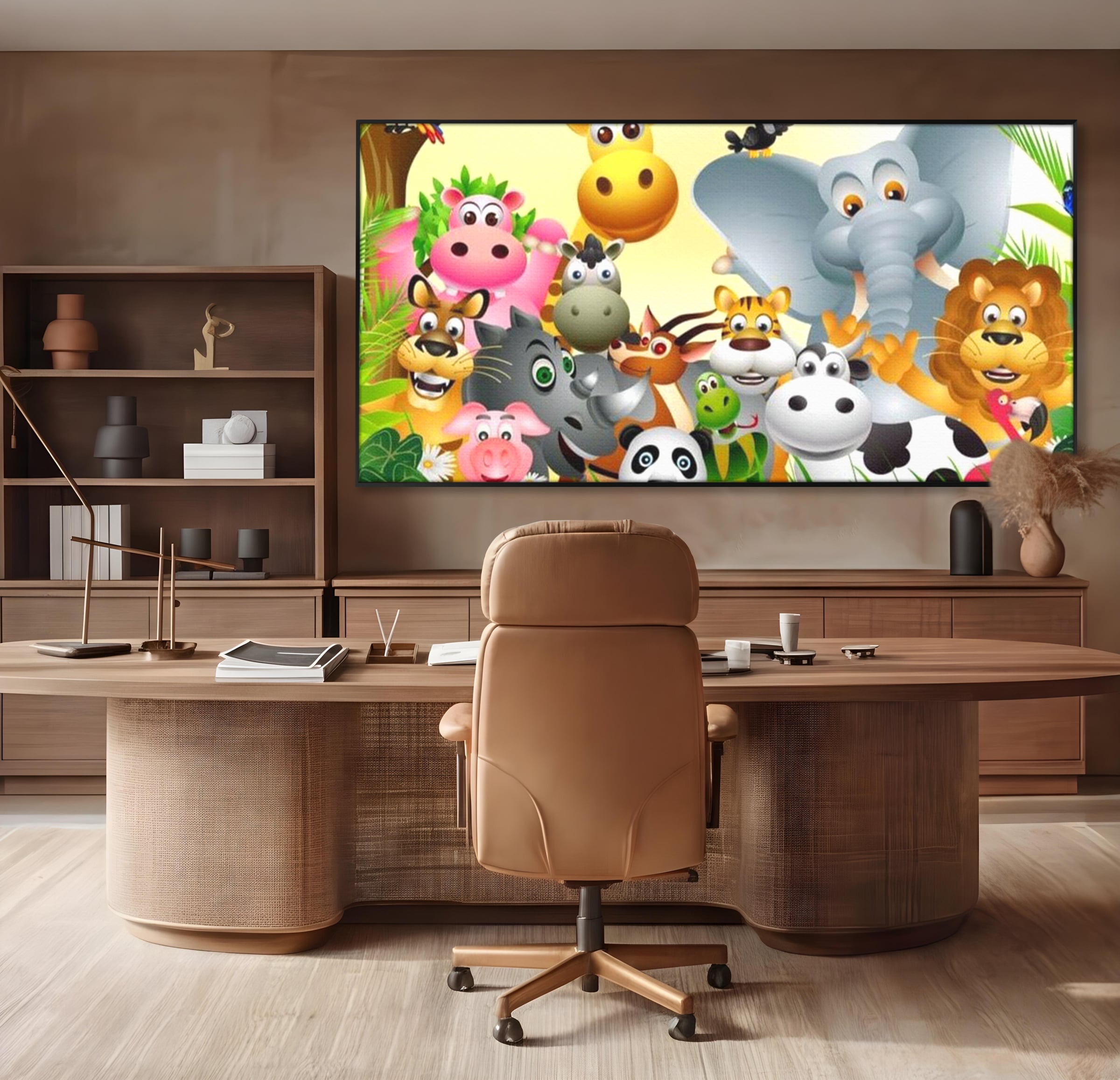 Leinwandbilder Premium, LuxCanva® K1022, Fröhliche Dschungelfreunde, Tiere, Cartoons, Dschungel, Dschungel, Ausmalen, Bunt, Fröhlich, Kindergarten, Bildung, Natur, Cresa, Giraffe, Löwe, Kinderzimmer