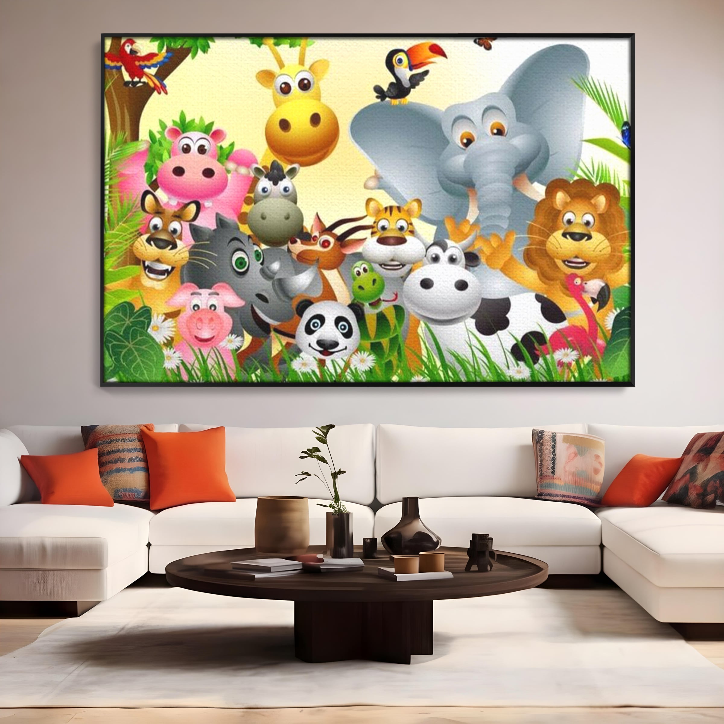 Leinwandbilder Premium, LuxCanva® K1022, Fröhliche Dschungelfreunde, Tiere, Cartoons, Dschungel, Dschungel, Ausmalen, Bunt, Fröhlich, Kindergarten, Bildung, Natur, Cresa, Giraffe, Löwe, Kinderzimmer