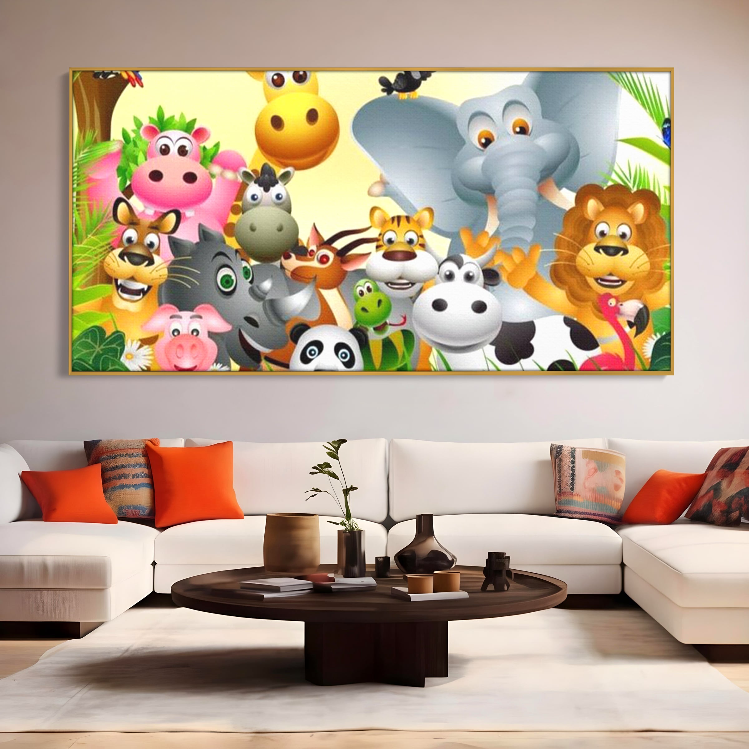 Leinwandbilder Premium, LuxCanva® K1022, Fröhliche Dschungelfreunde, Tiere, Cartoons, Dschungel, Dschungel, Ausmalen, Bunt, Fröhlich, Kindergarten, Bildung, Natur, Cresa, Giraffe, Löwe, Kinderzimmer