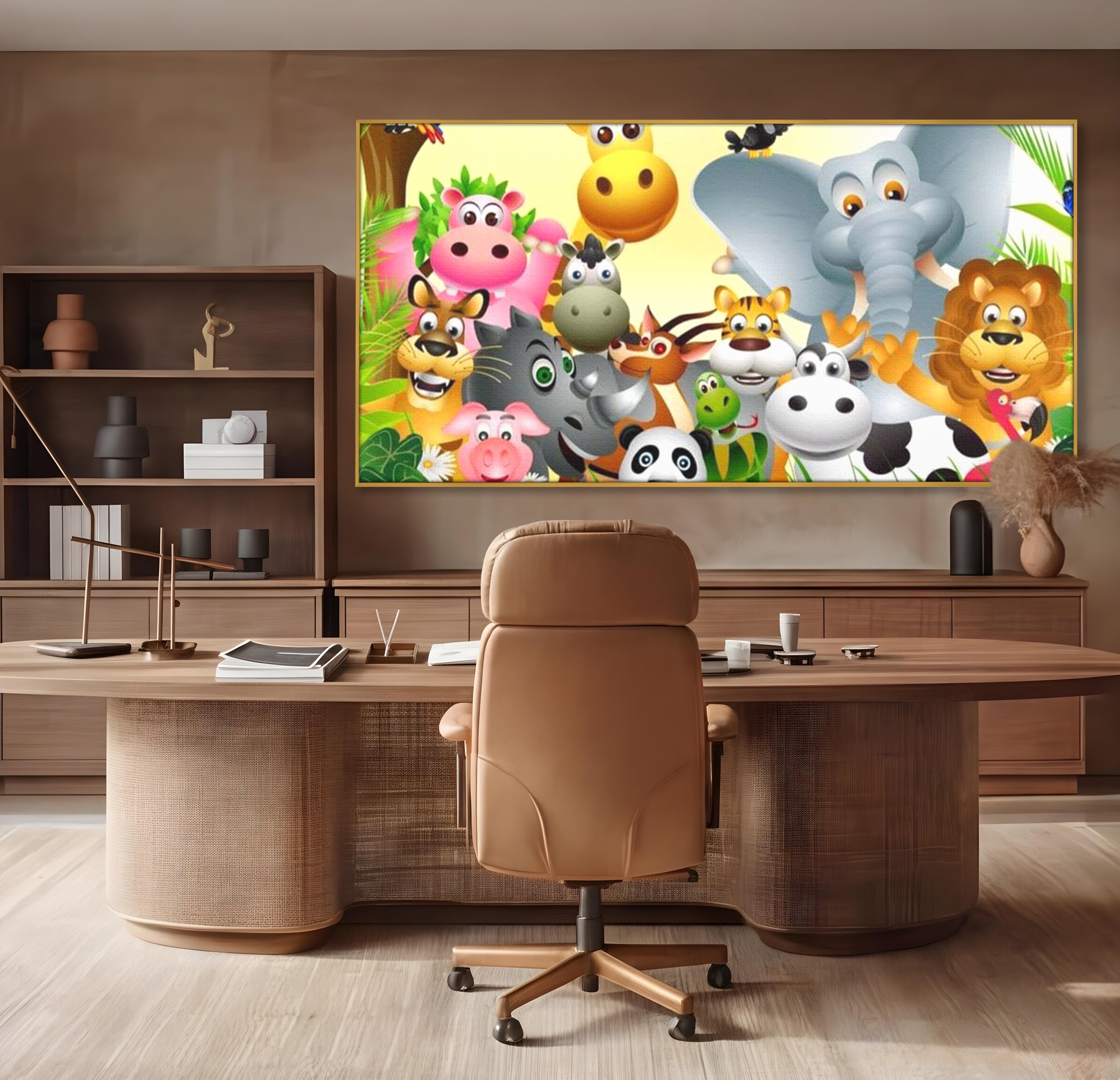 Leinwandbilder Premium, LuxCanva® K1022, Fröhliche Dschungelfreunde, Tiere, Cartoons, Dschungel, Dschungel, Ausmalen, Bunt, Fröhlich, Kindergarten, Bildung, Natur, Cresa, Giraffe, Löwe, Kinderzimmer