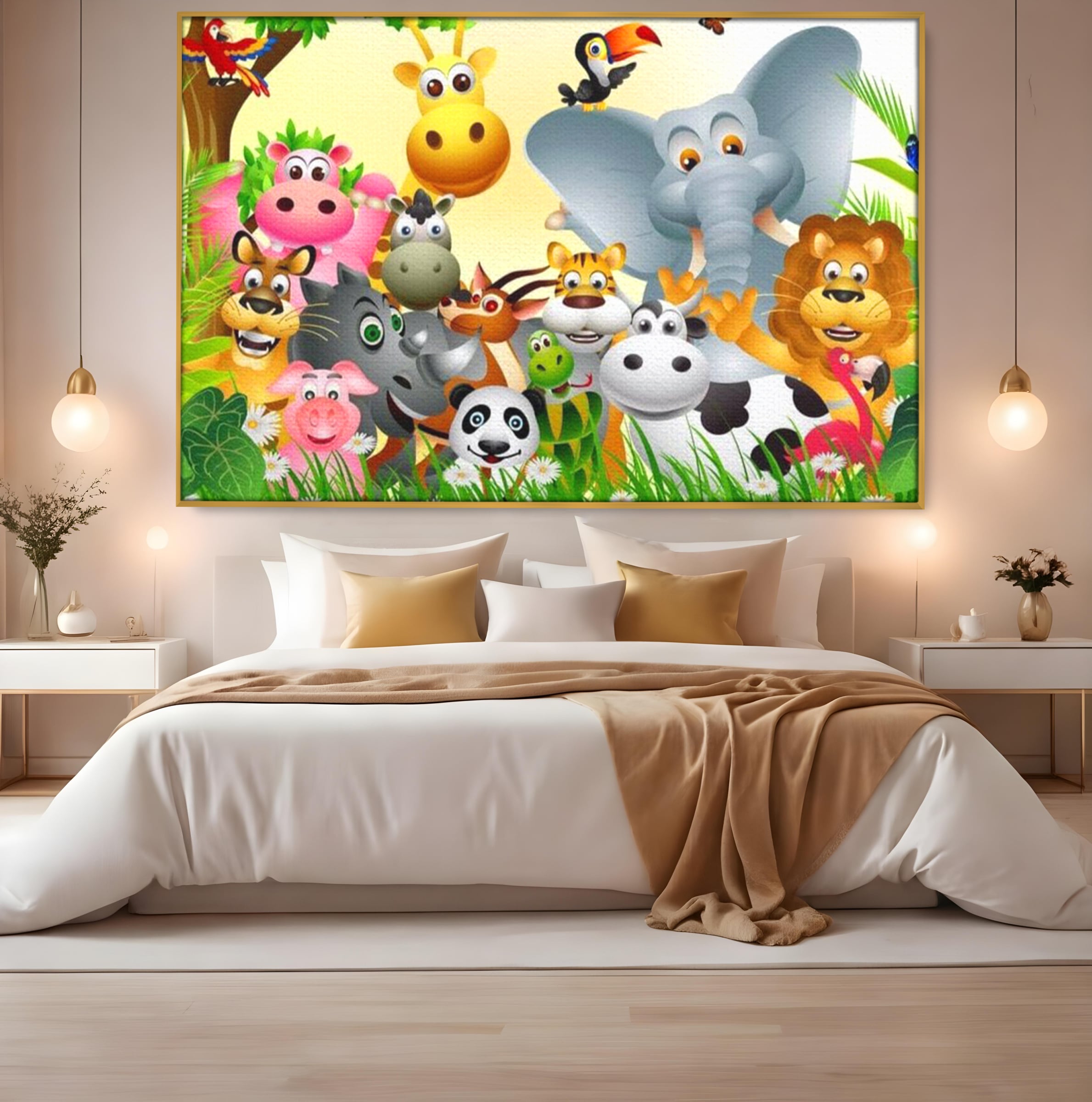 Leinwandbilder Premium, LuxCanva® K1022, Fröhliche Dschungelfreunde, Tiere, Cartoons, Dschungel, Dschungel, Ausmalen, Bunt, Fröhlich, Kindergarten, Bildung, Natur, Cresa, Giraffe, Löwe, Kinderzimmer