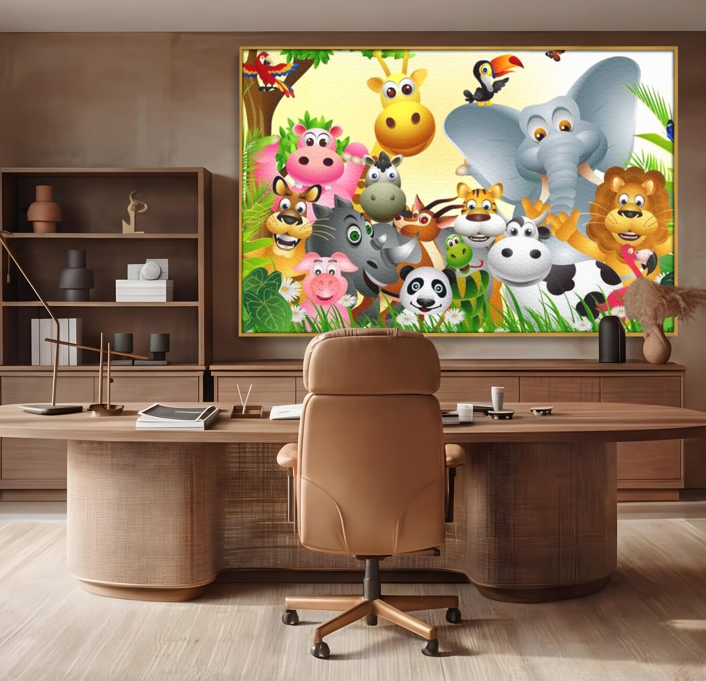 Leinwandbilder Premium, LuxCanva® K1022, Fröhliche Dschungelfreunde, Tiere, Cartoons, Dschungel, Dschungel, Ausmalen, Bunt, Fröhlich, Kindergarten, Bildung, Natur, Cresa, Giraffe, Löwe, Kinderzimmer