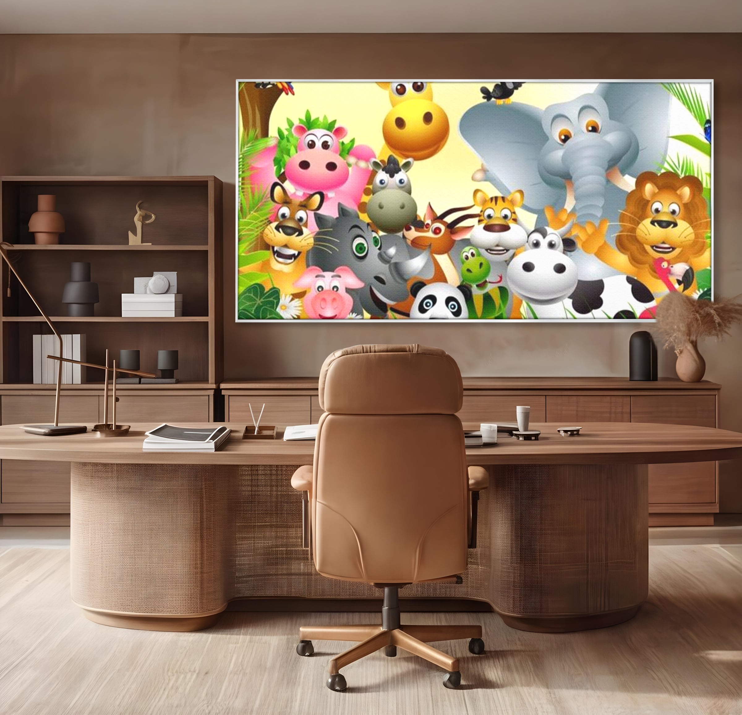 Leinwandbilder Premium, LuxCanva® K1022, Fröhliche Dschungelfreunde, Tiere, Cartoons, Dschungel, Dschungel, Ausmalen, Bunt, Fröhlich, Kindergarten, Bildung, Natur, Cresa, Giraffe, Löwe, Kinderzimmer