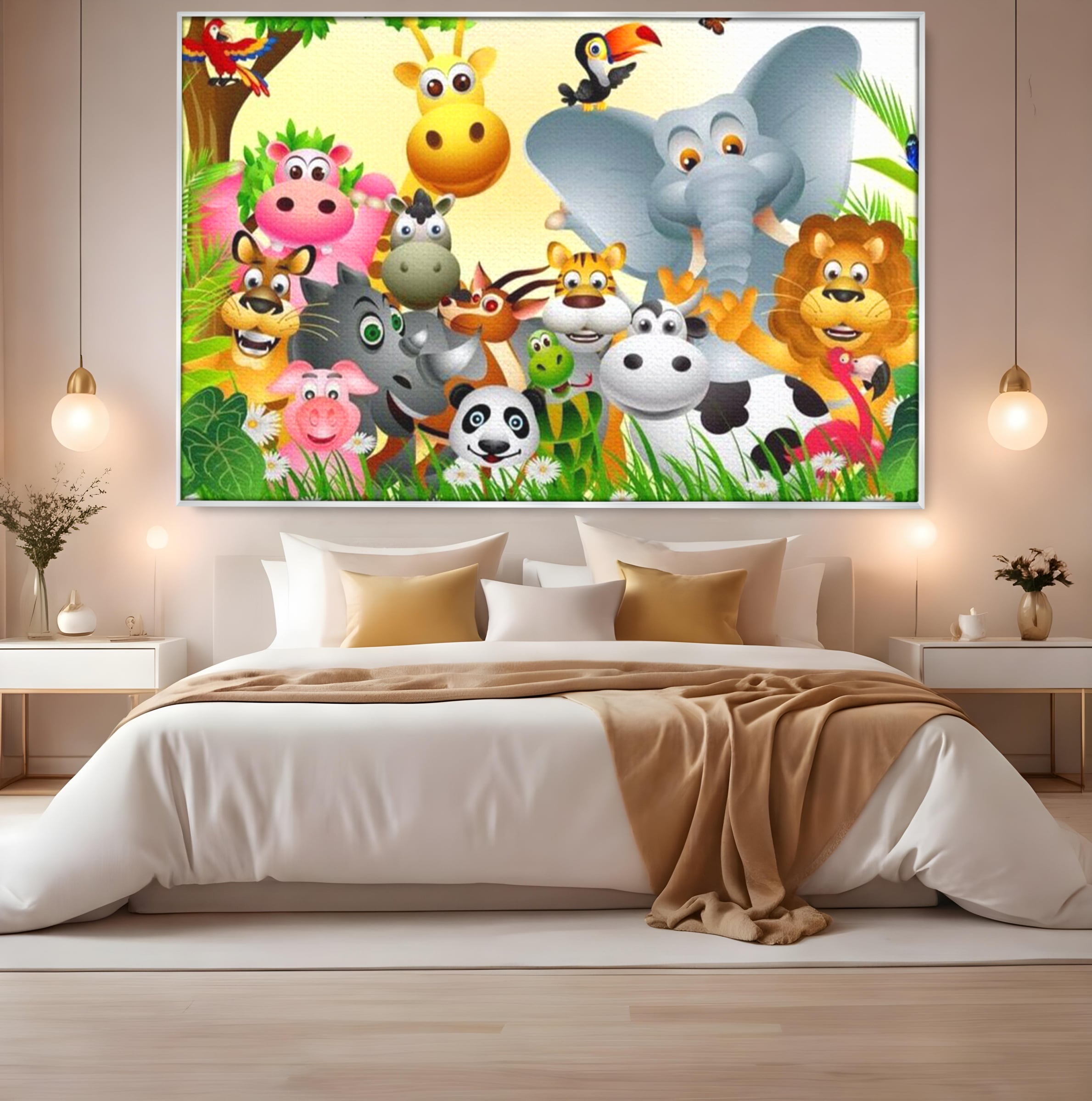 Leinwandbilder Premium, LuxCanva® K1022, Fröhliche Dschungelfreunde, Tiere, Cartoons, Dschungel, Dschungel, Ausmalen, Bunt, Fröhlich, Kindergarten, Bildung, Natur, Cresa, Giraffe, Löwe, Kinderzimmer