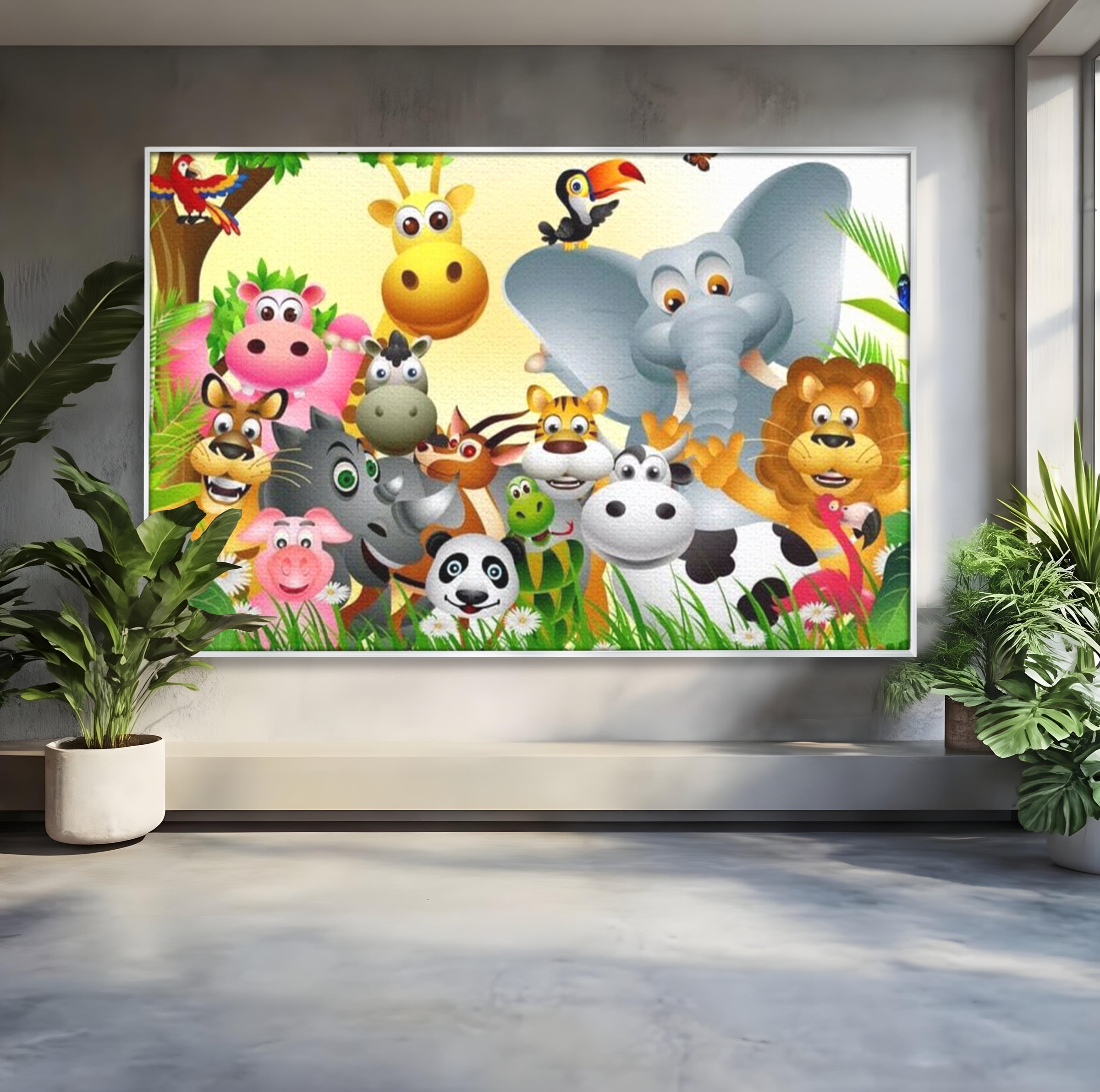 Leinwandbilder Premium, LuxCanva® K1022, Fröhliche Dschungelfreunde, Tiere, Cartoons, Dschungel, Dschungel, Ausmalen, Bunt, Fröhlich, Kindergarten, Bildung, Natur, Cresa, Giraffe, Löwe, Kinderzimmer