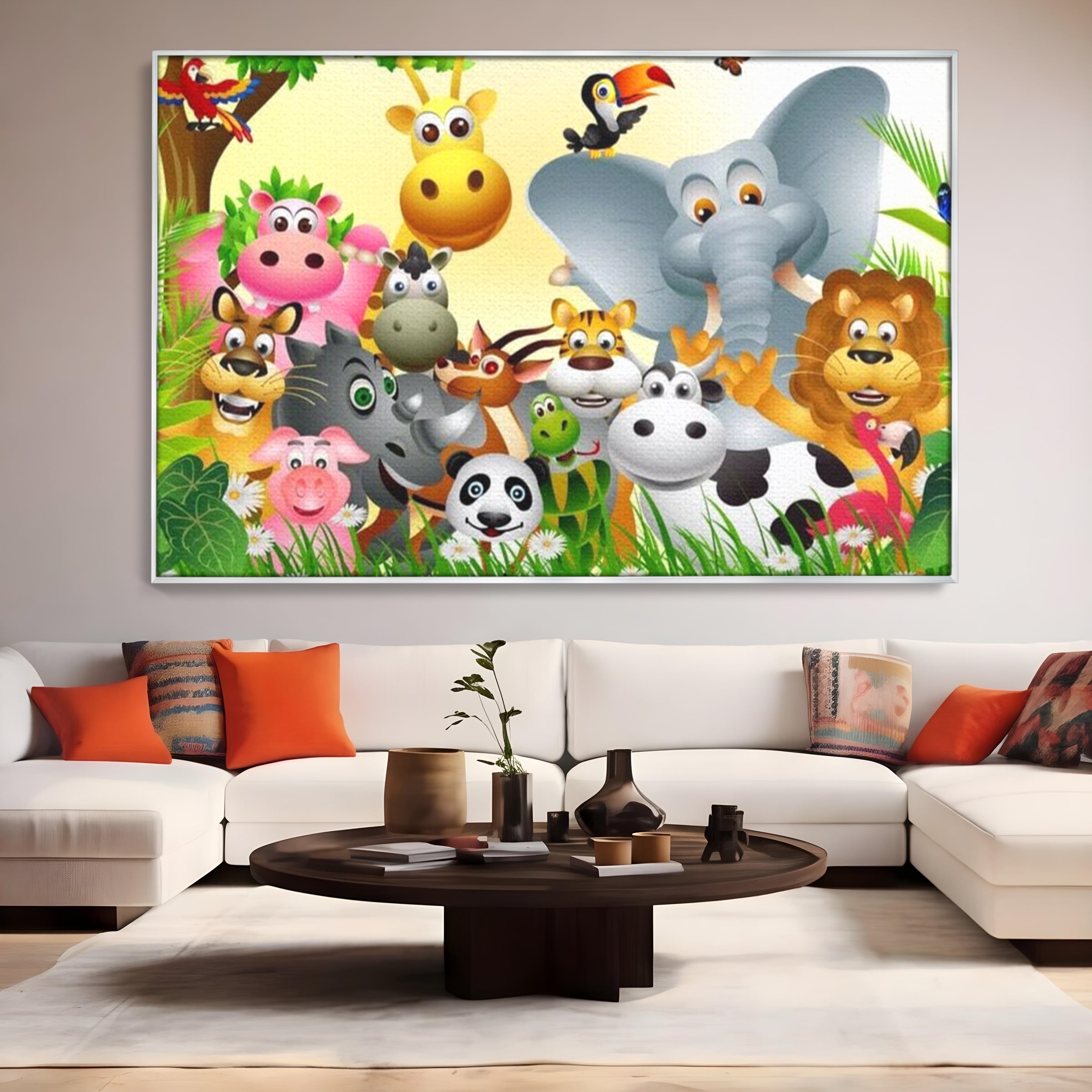 Leinwandbilder Premium, LuxCanva® K1022, Fröhliche Dschungelfreunde, Tiere, Cartoons, Dschungel, Dschungel, Ausmalen, Bunt, Fröhlich, Kindergarten, Bildung, Natur, Cresa, Giraffe, Löwe, Kinderzimmer