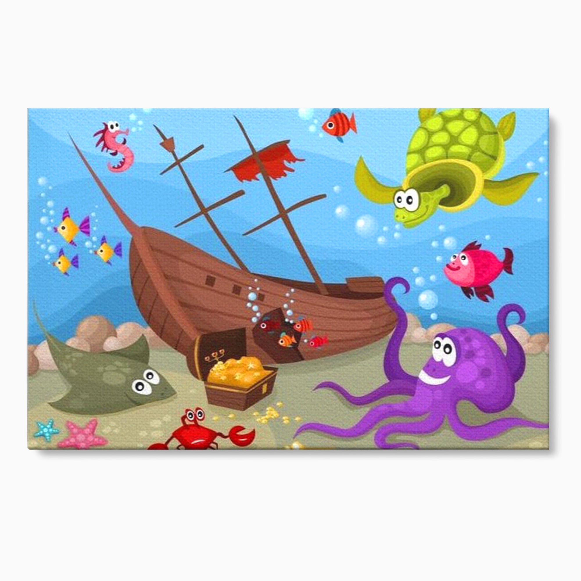 Tablou Canvas Premium, LuxCanva® K1023, Prietenii Marii, Comoara, Adancuri, Aventuri, Mare, Epava, Gradinita, Fermecata, Oceanic, Cresa, Corabie, Pesti, Crabi, Caracatita, Camera Copii