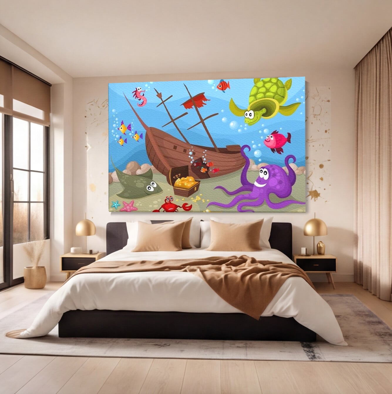 Tablou Canvas Premium, LuxCanva® K1023, Prietenii Marii, Comoara, Adancuri, Aventuri, Mare, Epava, Gradinita, Fermecata, Oceanic, Cresa, Corabie, Pesti, Crabi, Caracatita, Camera Copii