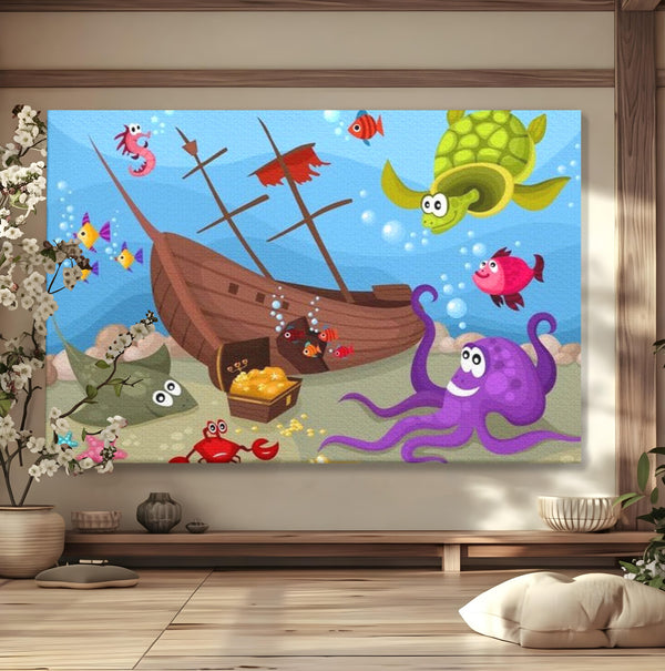 Tablou Canvas Premium, LuxCanva® K1023, Prietenii Marii, Comoara, Adancuri, Aventuri, Mare, Epava, Gradinita, Fermecata, Oceanic, Cresa, Corabie, Pesti, Crabi, Caracatita, Camera Copii