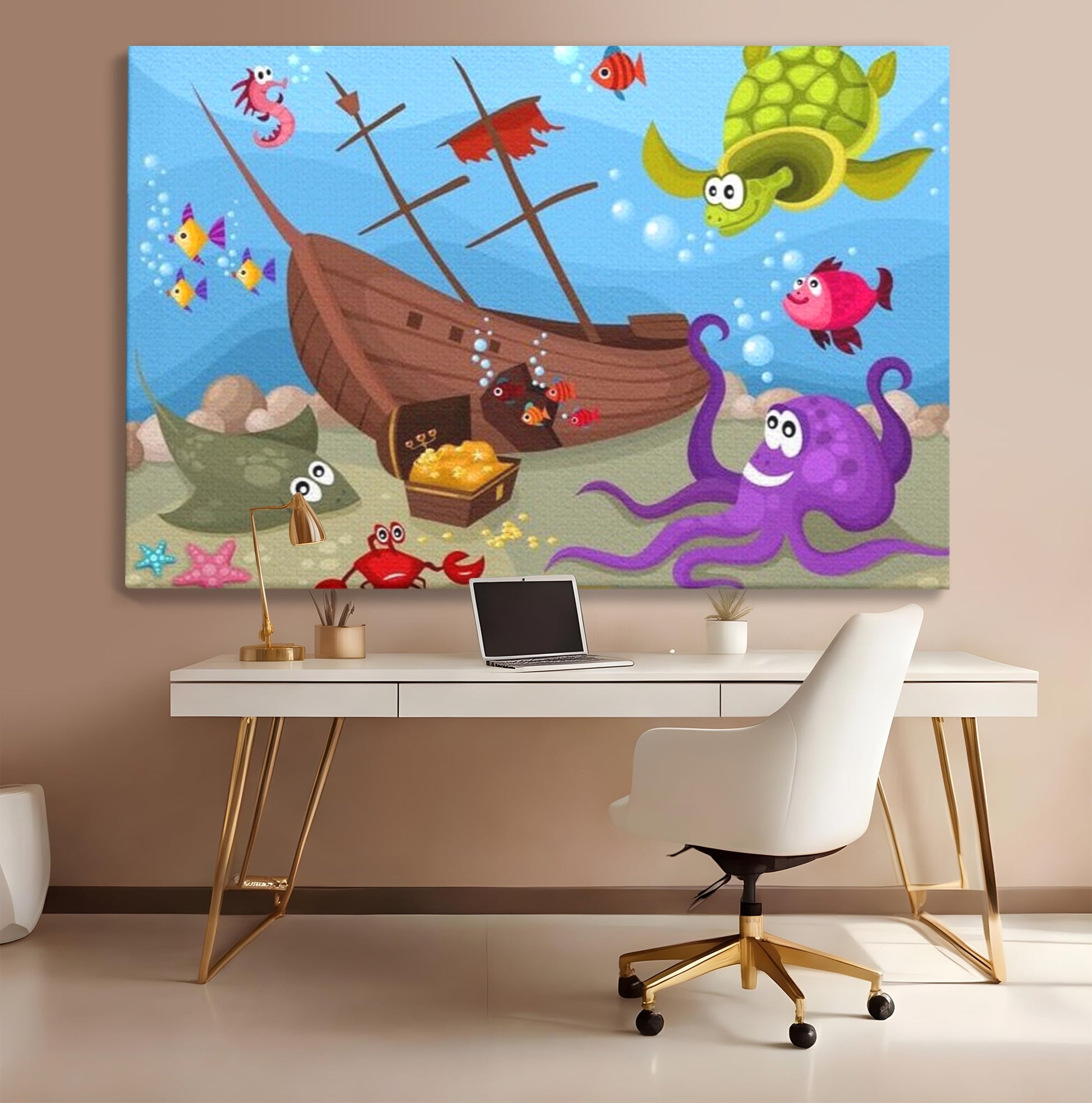 Tablou Canvas Premium, LuxCanva® K1023, Prietenii Marii, Comoara, Adancuri, Aventuri, Mare, Epava, Gradinita, Fermecata, Oceanic, Cresa, Corabie, Pesti, Crabi, Caracatita, Camera Copii