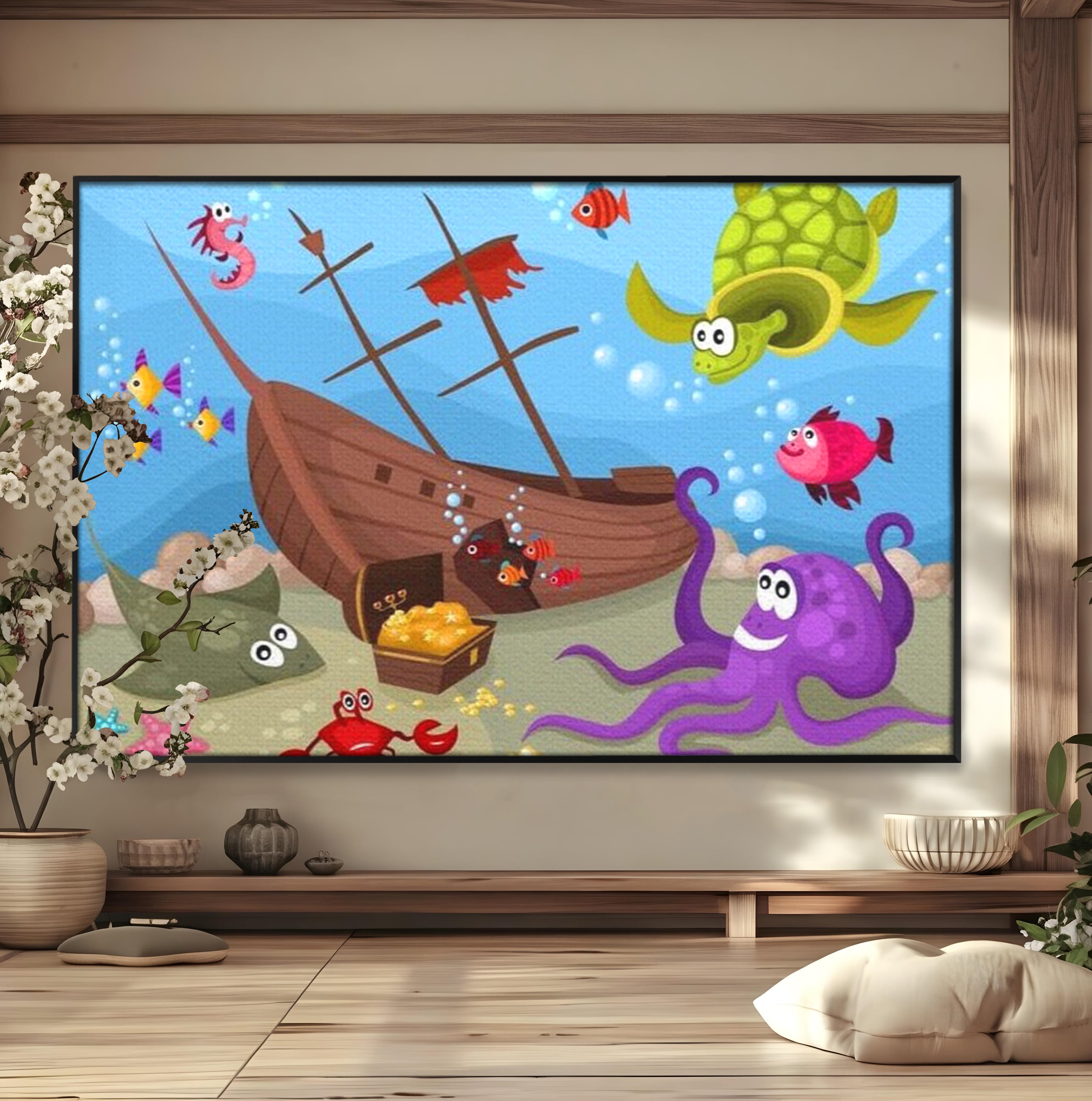 Tablou Canvas Premium, LuxCanva® K1023, Prietenii Marii, Comoara, Adancuri, Aventuri, Mare, Epava, Gradinita, Fermecata, Oceanic, Cresa, Corabie, Pesti, Crabi, Caracatita, Camera Copii