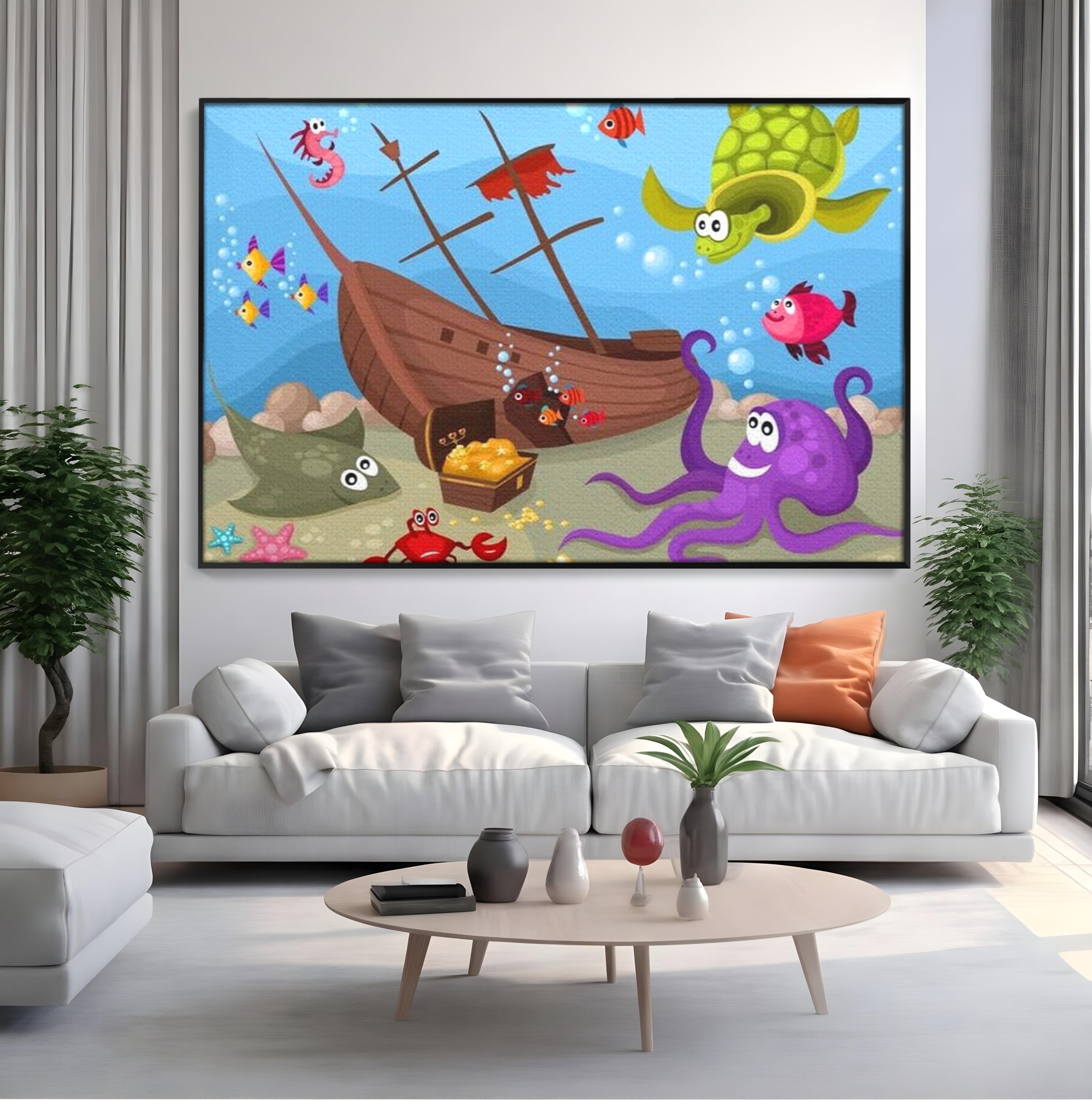 Tablou Canvas Premium, LuxCanva® K1023, Prietenii Marii, Comoara, Adancuri, Aventuri, Mare, Epava, Gradinita, Fermecata, Oceanic, Cresa, Corabie, Pesti, Crabi, Caracatita, Camera Copii