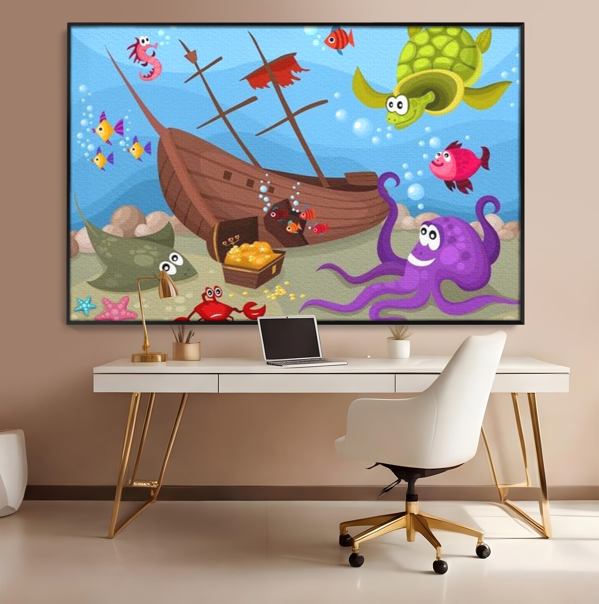 Tablou Canvas Premium, LuxCanva® K1023, Prietenii Marii, Comoara, Adancuri, Aventuri, Mare, Epava, Gradinita, Fermecata, Oceanic, Cresa, Corabie, Pesti, Crabi, Caracatita, Camera Copii