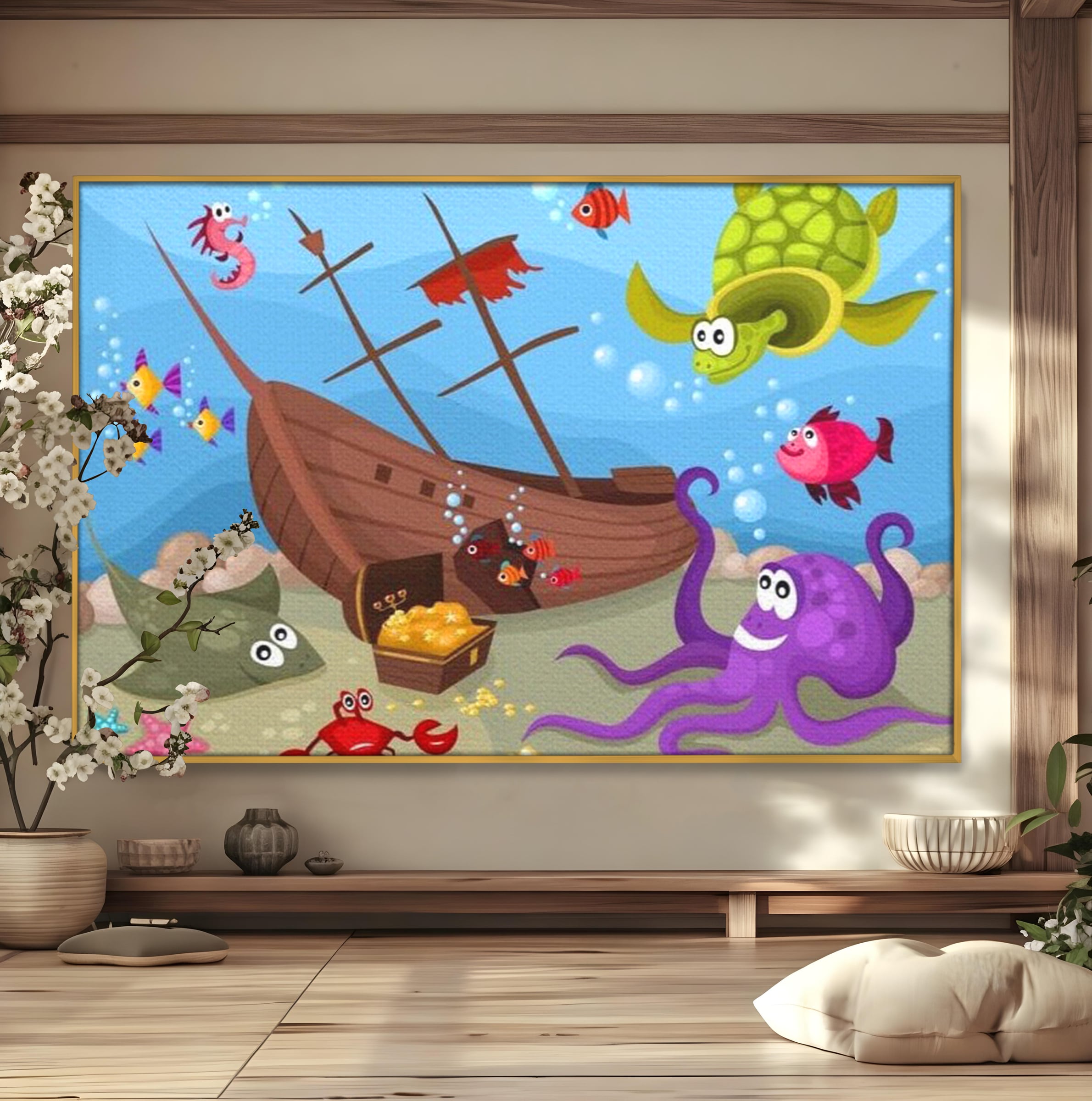 Tablou Canvas Premium, LuxCanva® K1023, Prietenii Marii, Comoara, Adancuri, Aventuri, Mare, Epava, Gradinita, Fermecata, Oceanic, Cresa, Corabie, Pesti, Crabi, Caracatita, Camera Copii