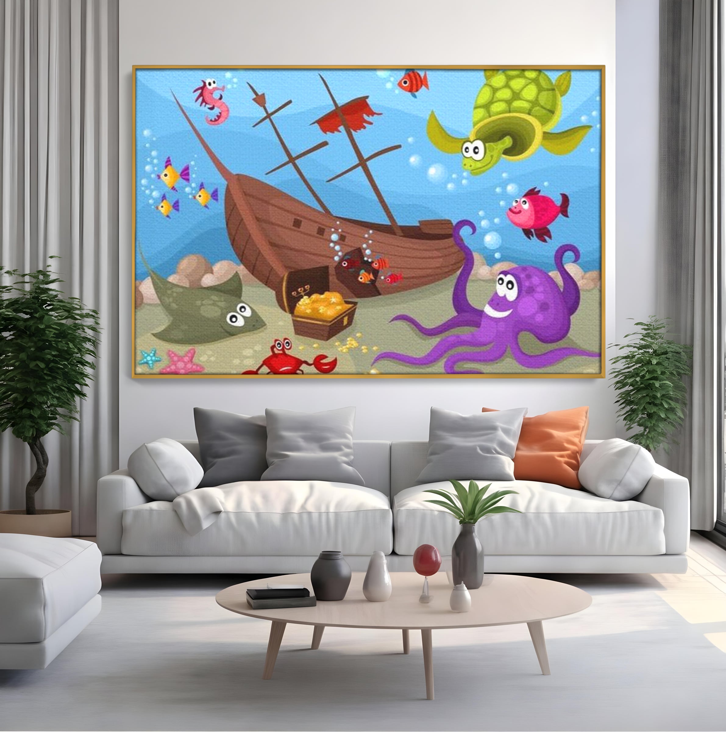 Tablou Canvas Premium, LuxCanva® K1023, Prietenii Marii, Comoara, Adancuri, Aventuri, Mare, Epava, Gradinita, Fermecata, Oceanic, Cresa, Corabie, Pesti, Crabi, Caracatita, Camera Copii