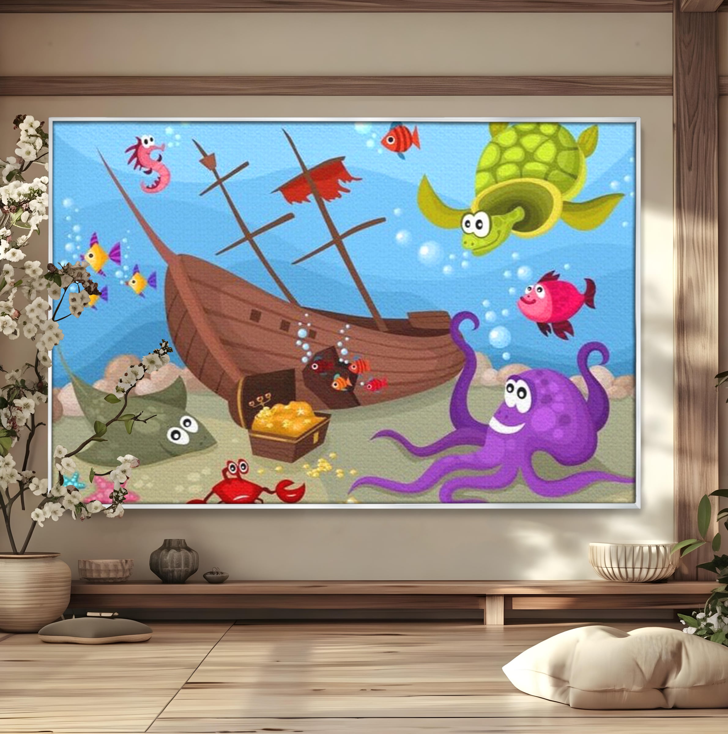 Tablou Canvas Premium, LuxCanva® K1023, Prietenii Marii, Comoara, Adancuri, Aventuri, Mare, Epava, Gradinita, Fermecata, Oceanic, Cresa, Corabie, Pesti, Crabi, Caracatita, Camera Copii