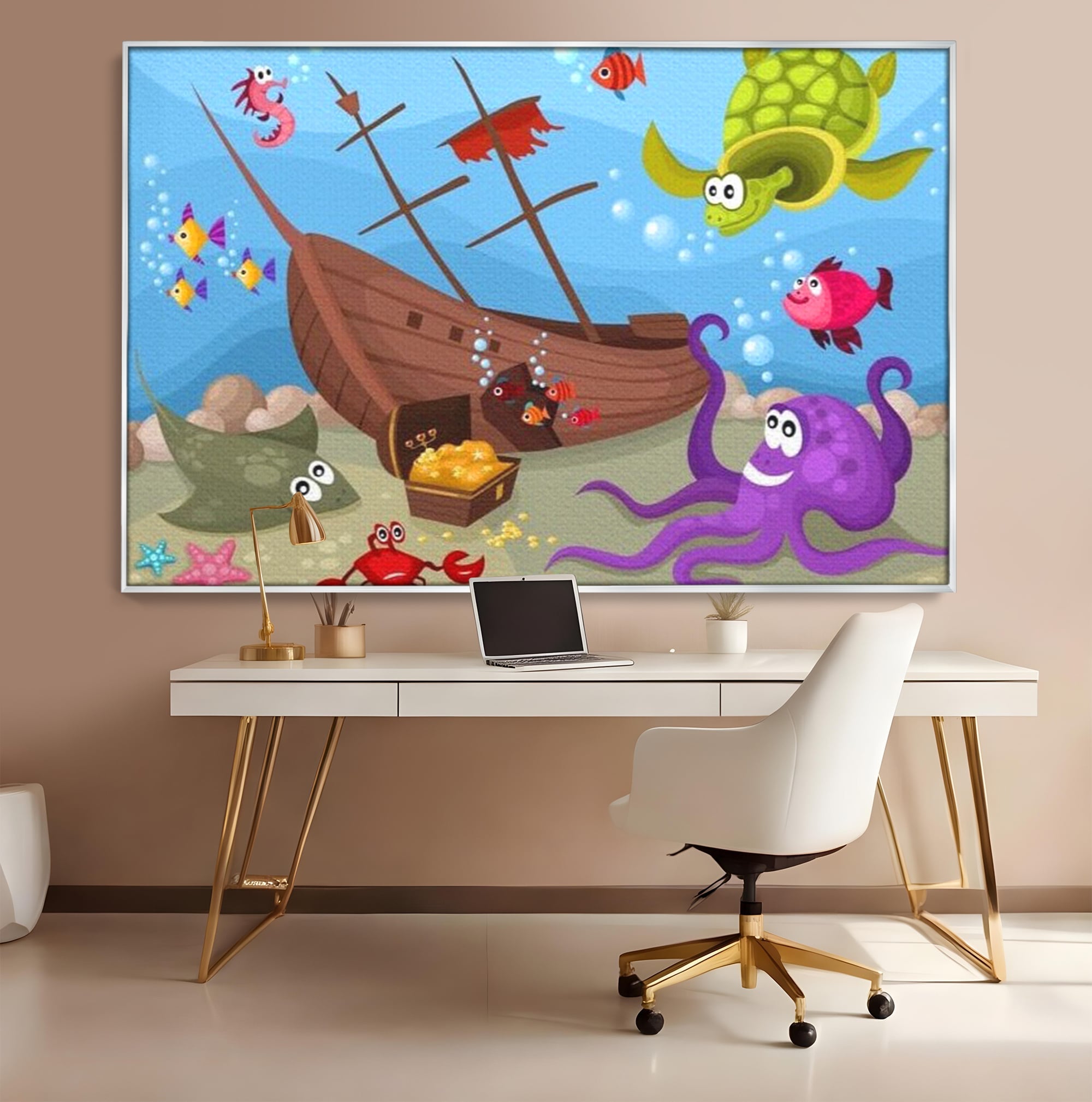 Tablou Canvas Premium, LuxCanva® K1023, Prietenii Marii, Comoara, Adancuri, Aventuri, Mare, Epava, Gradinita, Fermecata, Oceanic, Cresa, Corabie, Pesti, Crabi, Caracatita, Camera Copii