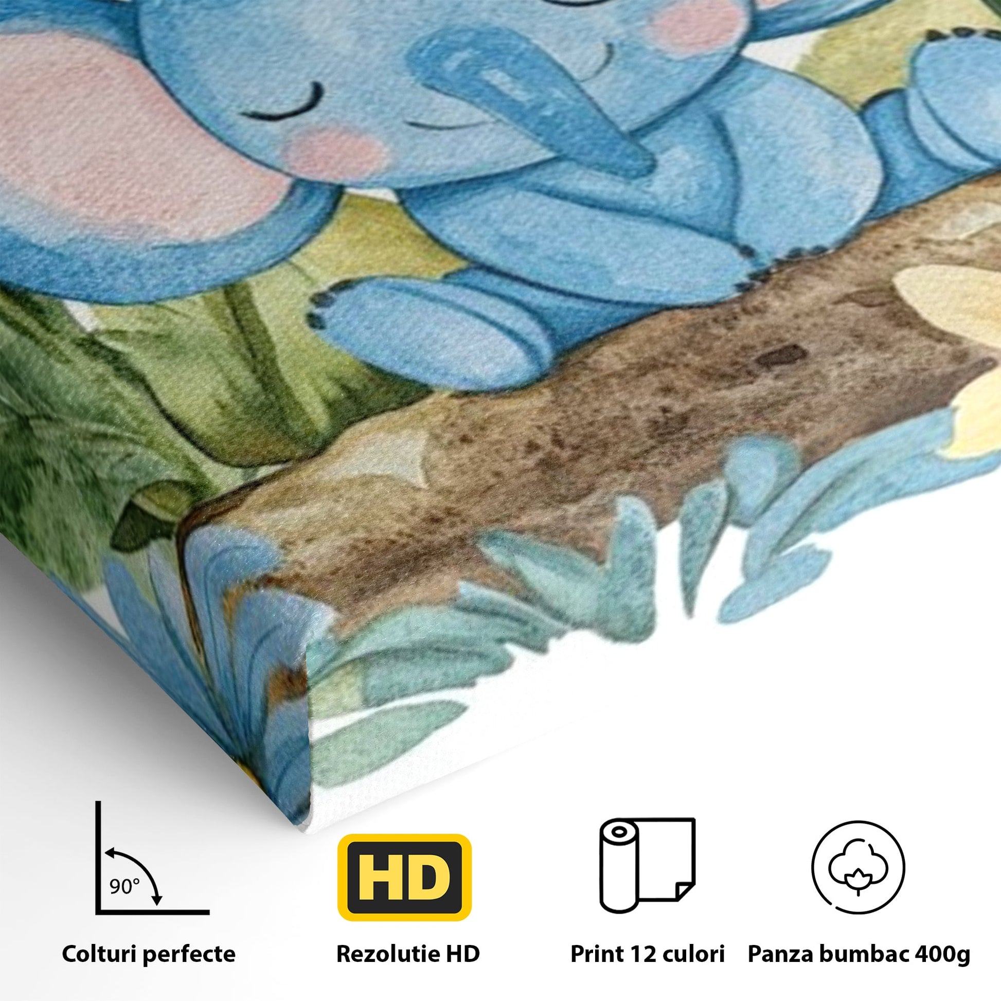 Tablou Canvas Premium, LuxCanva® K1024, Elefantelul Adormit, Somn, Vis, Pui, Gradina, Fermecata, Liniste, Soare, Bebelus, Cresa, Gradinita, Albastru, Safari, Jungla, Camera Copii