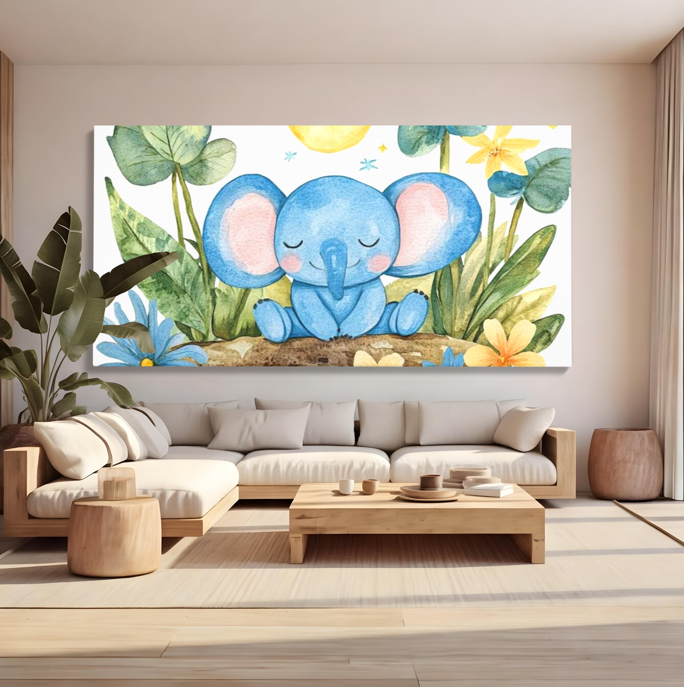 Tablou Canvas Premium, LuxCanva® K1024, Elefantelul Adormit, Somn, Vis, Pui, Gradina, Fermecata, Liniste, Soare, Bebelus, Cresa, Gradinita, Albastru, Safari, Jungla, Camera Copii