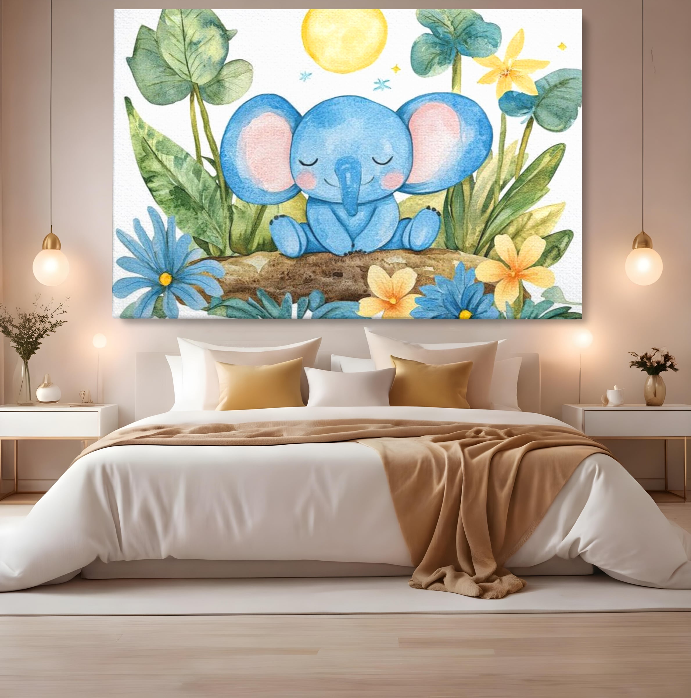 Tablou Canvas Premium, LuxCanva® K1024, Elefantelul Adormit, Somn, Vis, Pui, Gradina, Fermecata, Liniste, Soare, Bebelus, Cresa, Gradinita, Albastru, Safari, Jungla, Camera Copii