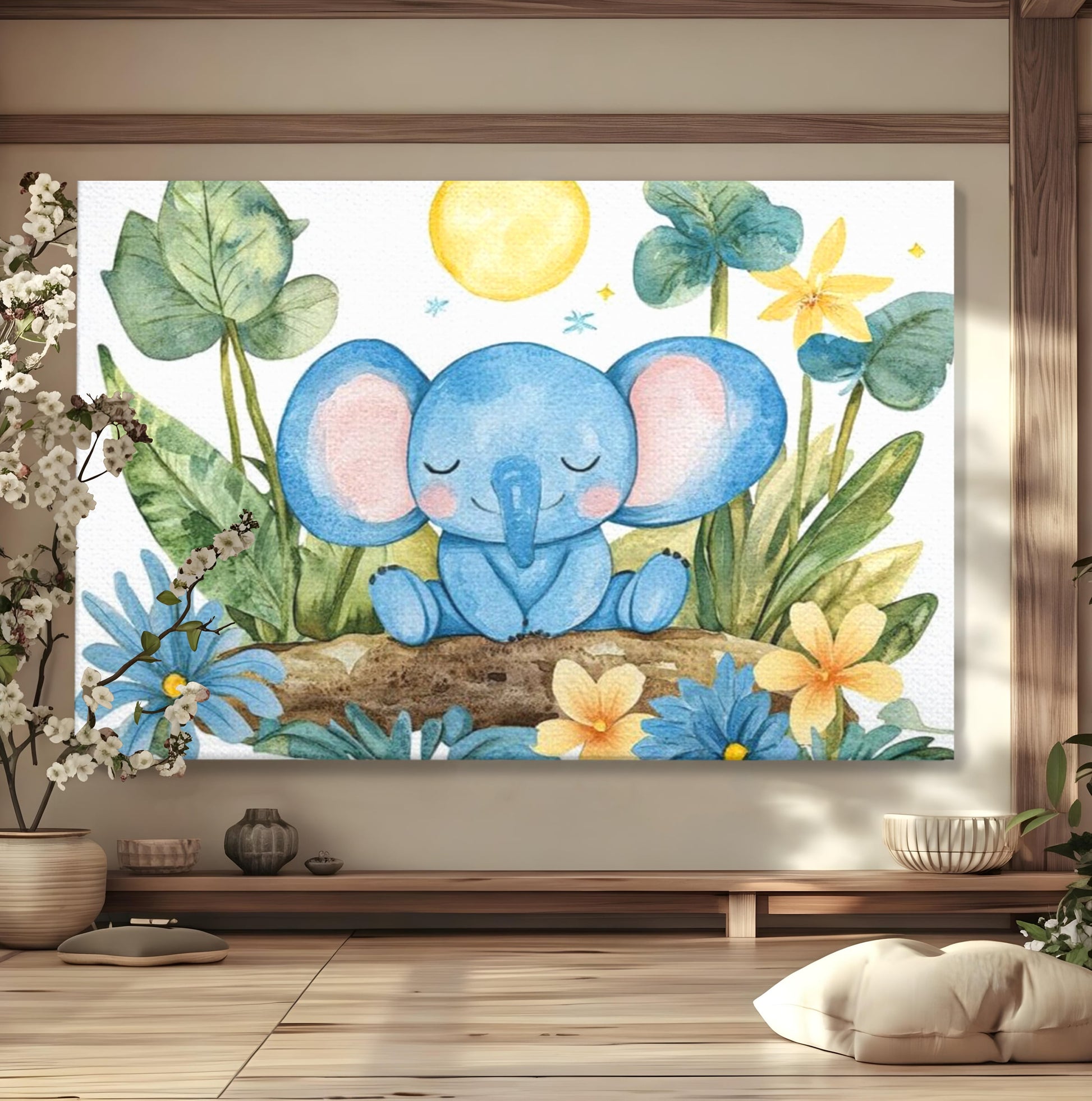 Tablou Canvas Premium, LuxCanva® K1024, Elefantelul Adormit, Somn, Vis, Pui, Gradina, Fermecata, Liniste, Soare, Bebelus, Cresa, Gradinita, Albastru, Safari, Jungla, Camera Copii