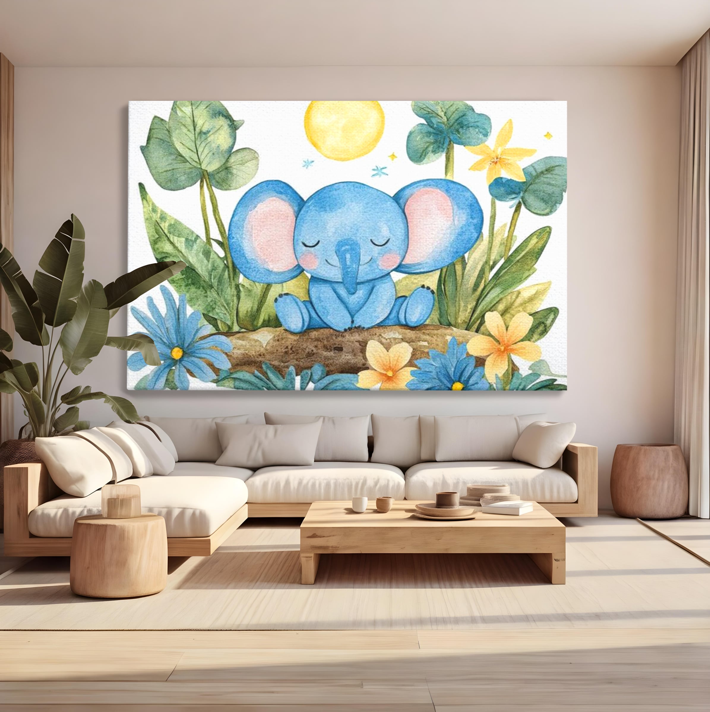 Tablou Canvas Premium, LuxCanva® K1024, Elefantelul Adormit, Somn, Vis, Pui, Gradina, Fermecata, Liniste, Soare, Bebelus, Cresa, Gradinita, Albastru, Safari, Jungla, Camera Copii