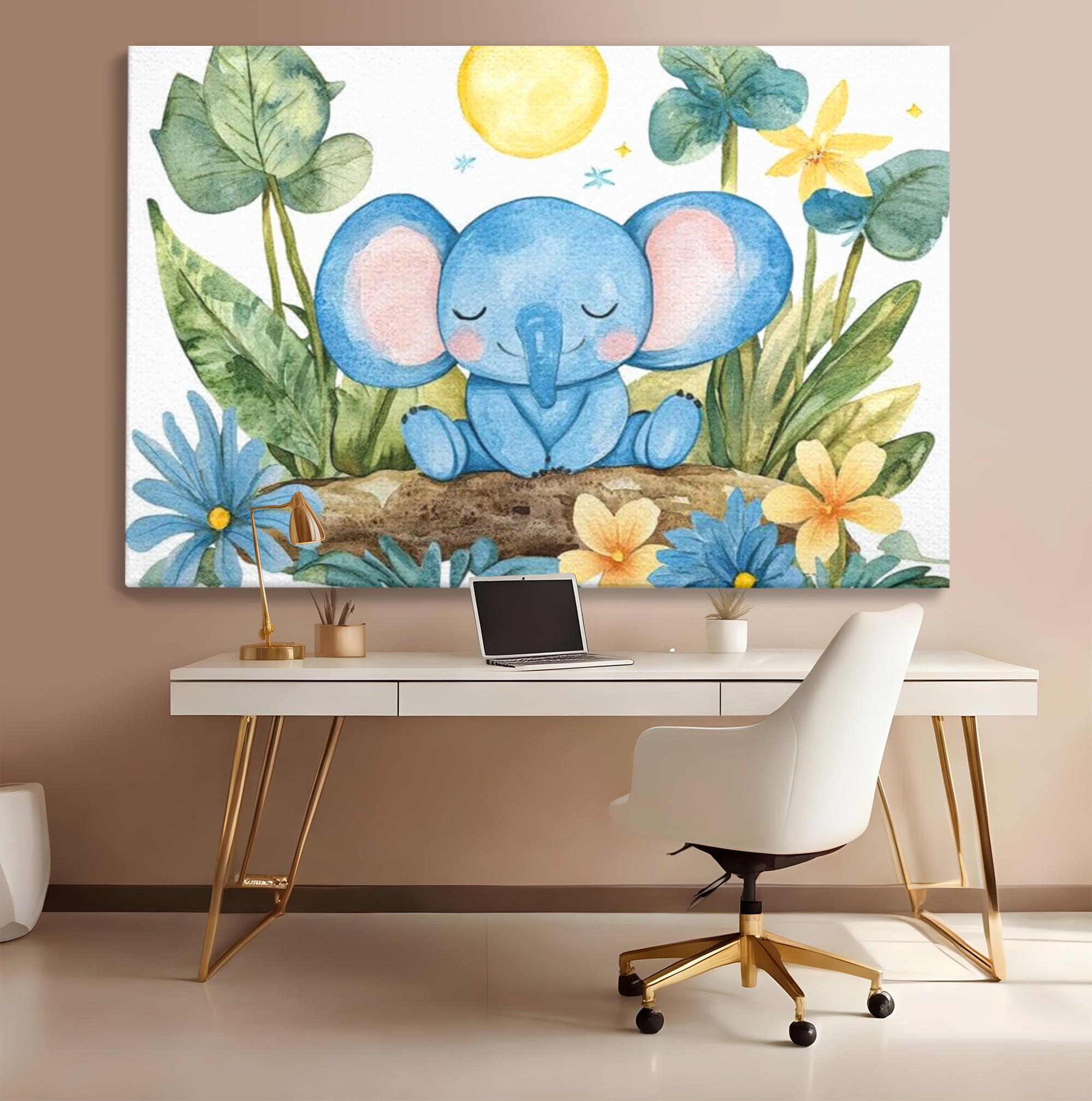 Tablou Canvas Premium, LuxCanva® K1024, Elefantelul Adormit, Somn, Vis, Pui, Gradina, Fermecata, Liniste, Soare, Bebelus, Cresa, Gradinita, Albastru, Safari, Jungla, Camera Copii