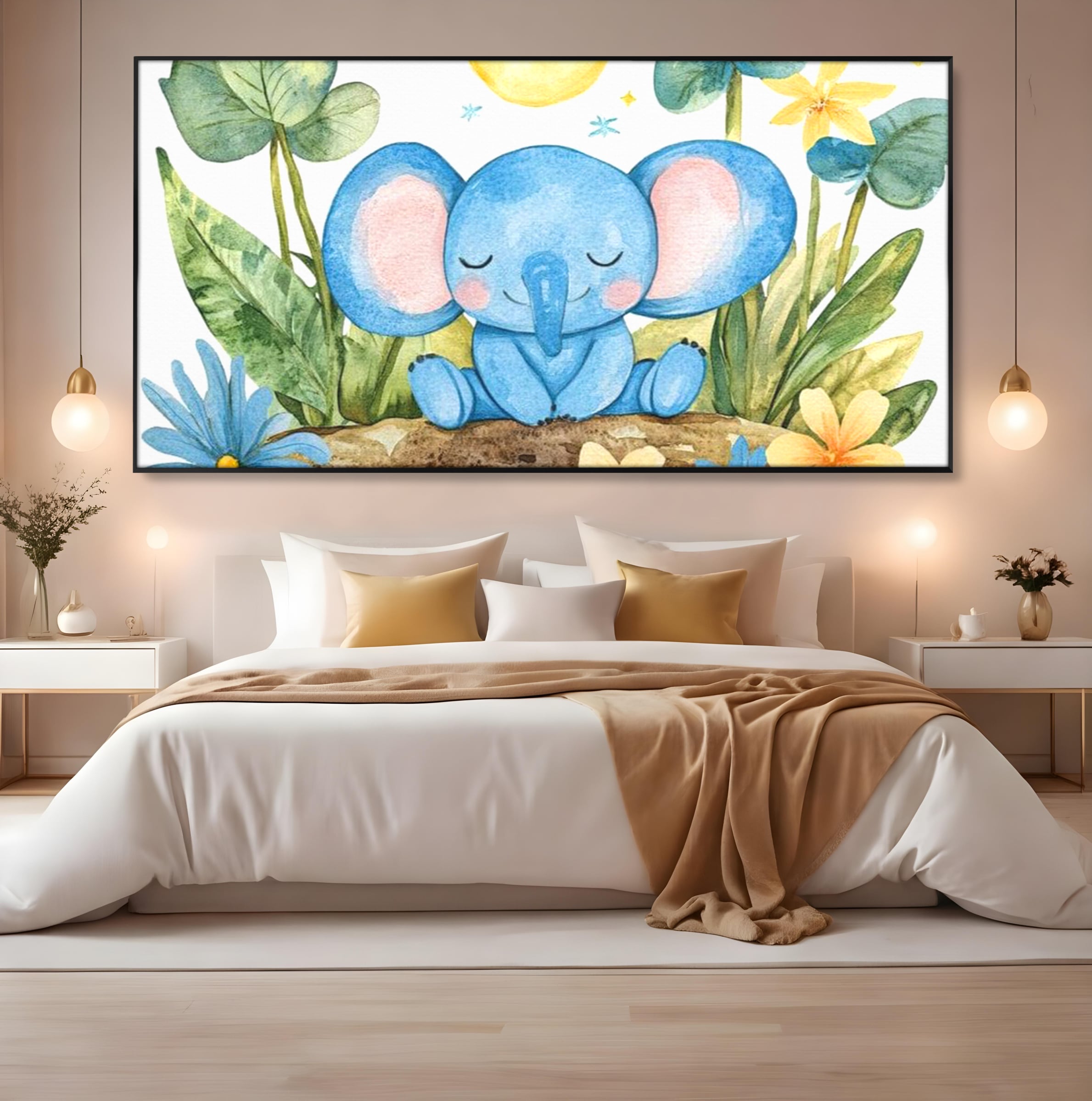 Tablou Canvas Premium, LuxCanva® K1024, Elefantelul Adormit, Somn, Vis, Pui, Gradina, Fermecata, Liniste, Soare, Bebelus, Cresa, Gradinita, Albastru, Safari, Jungla, Camera Copii