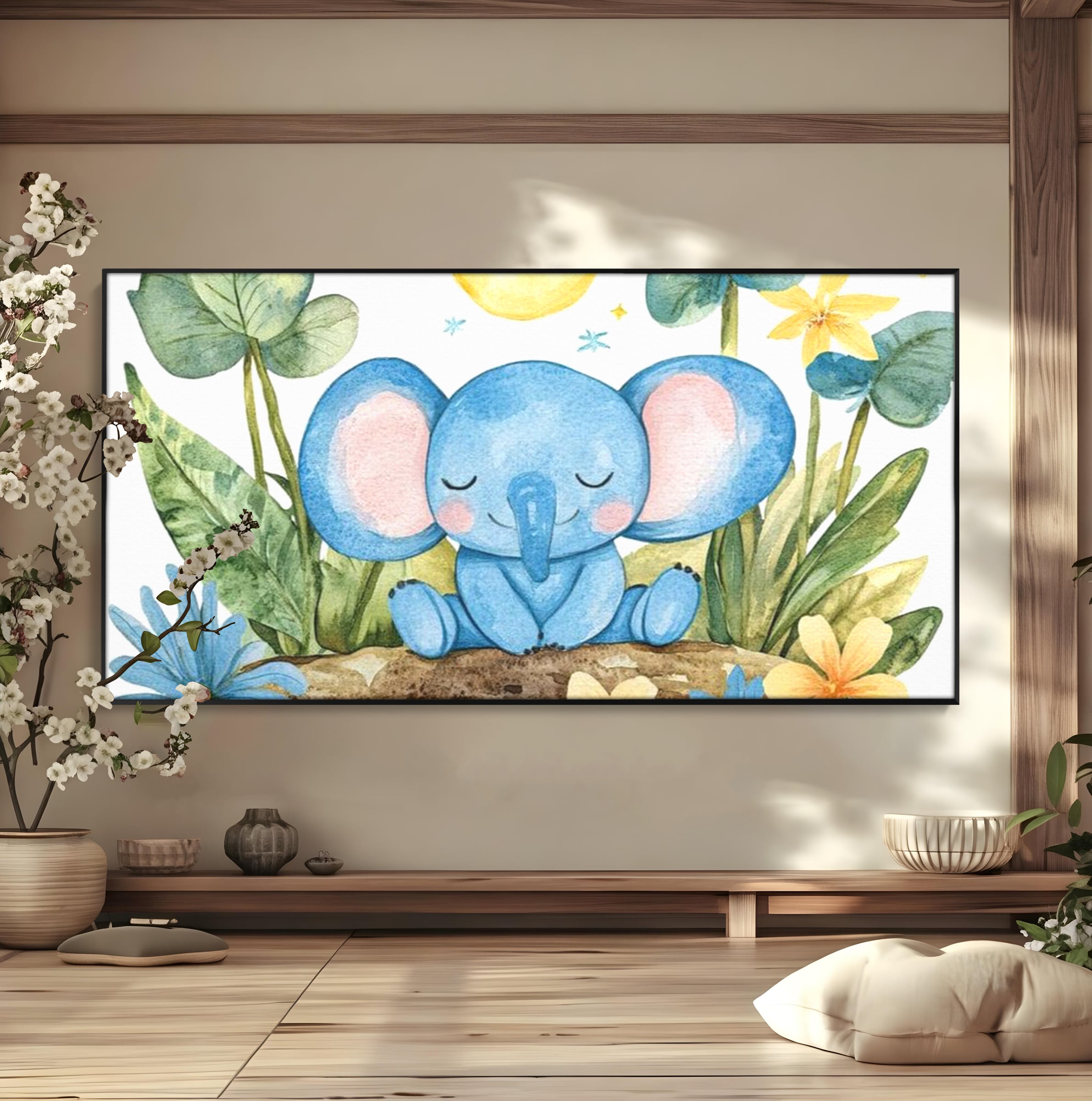 Tablou Canvas Premium, LuxCanva® K1024, Elefantelul Adormit, Somn, Vis, Pui, Gradina, Fermecata, Liniste, Soare, Bebelus, Cresa, Gradinita, Albastru, Safari, Jungla, Camera Copii