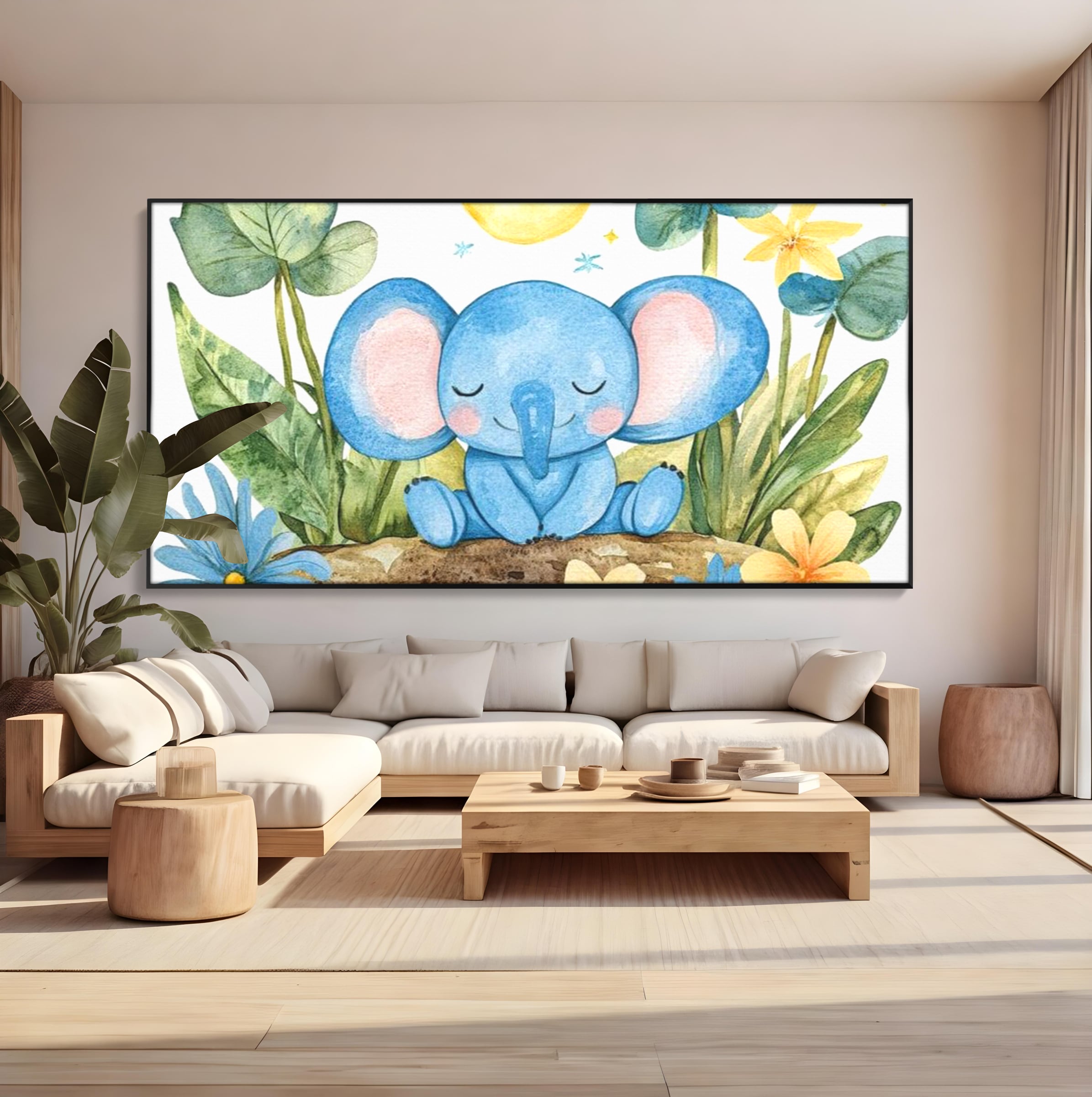 Tablou Canvas Premium, LuxCanva® K1024, Elefantelul Adormit, Somn, Vis, Pui, Gradina, Fermecata, Liniste, Soare, Bebelus, Cresa, Gradinita, Albastru, Safari, Jungla, Camera Copii