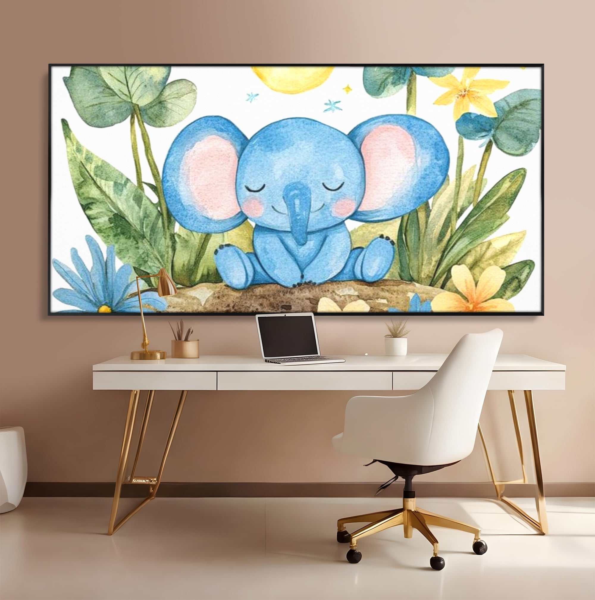 Tablou Canvas Premium, LuxCanva® K1024, Elefantelul Adormit, Somn, Vis, Pui, Gradina, Fermecata, Liniste, Soare, Bebelus, Cresa, Gradinita, Albastru, Safari, Jungla, Camera Copii